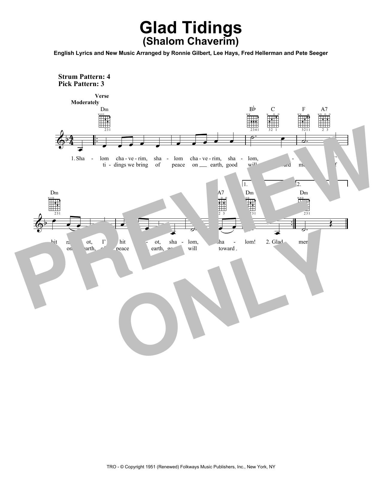Fred Hellerman Glad Tidings (Shalom Chaverim) sheet music notes and chords arranged for Easy Guitar