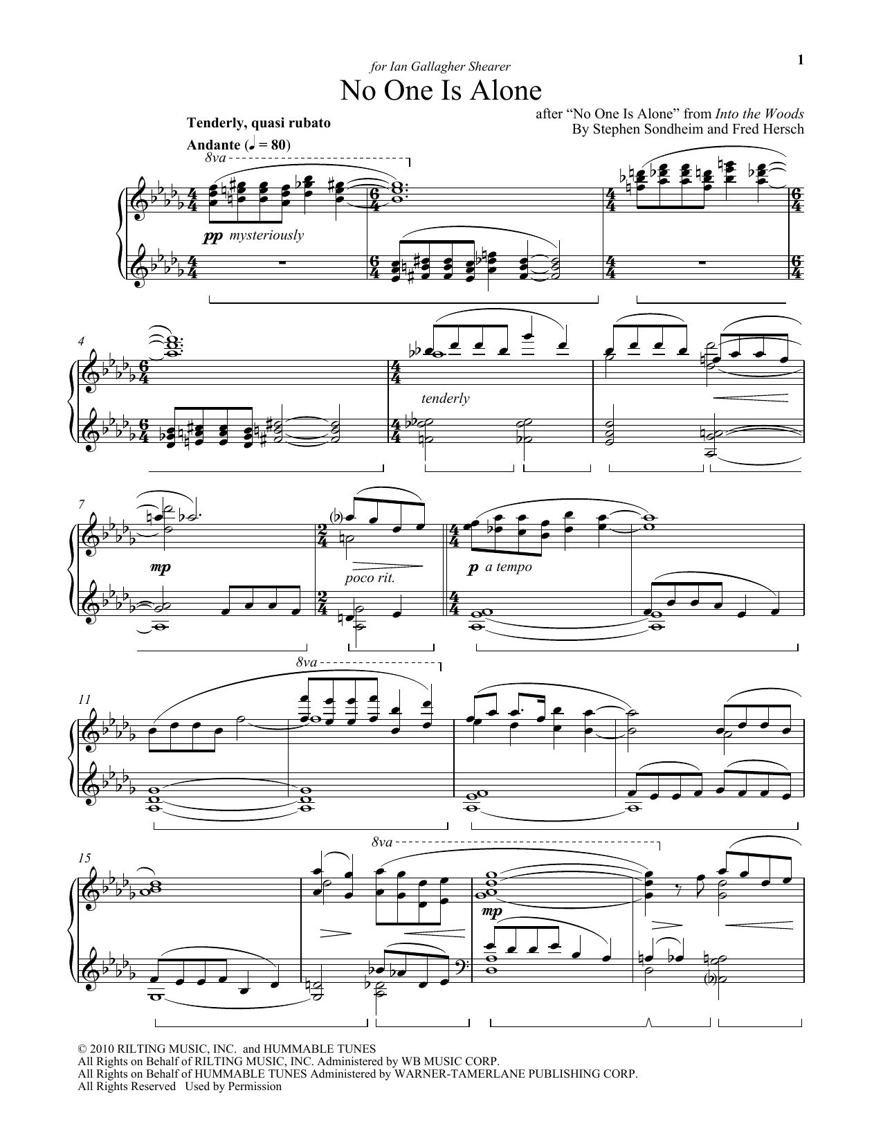 Fred Hersch No One Is Alone (from Into The Woods) sheet music notes and chords arranged for Piano Solo