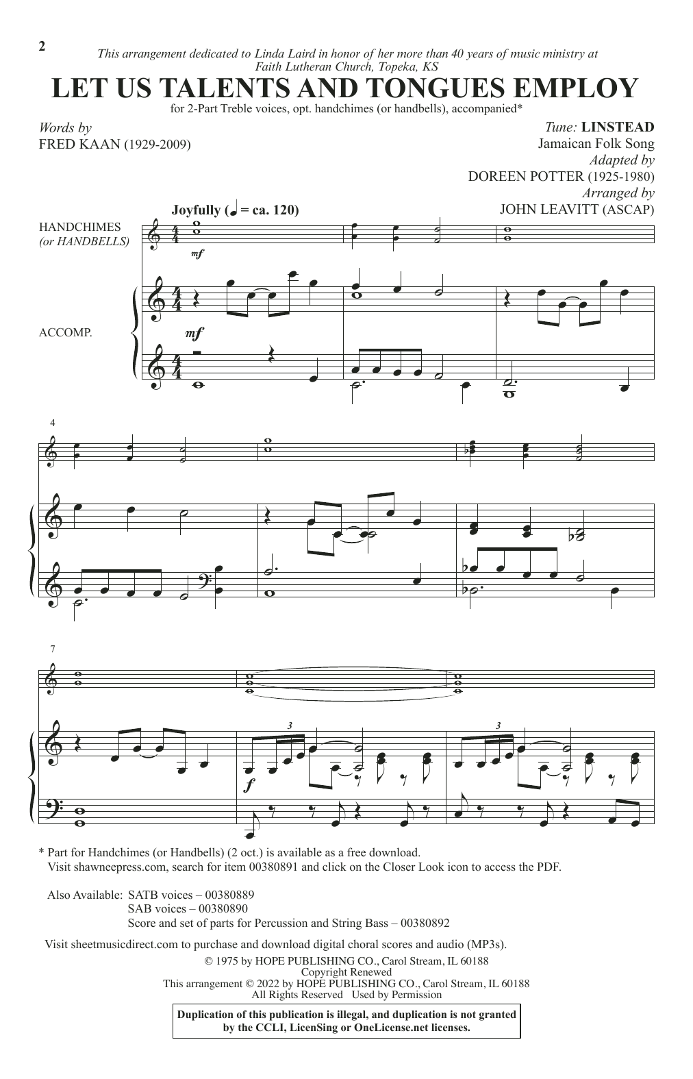 Fred Kaan Let Us Talents And Tongues Employ (arr. John Leavitt) sheet music notes and chords arranged for 2-Part Choir