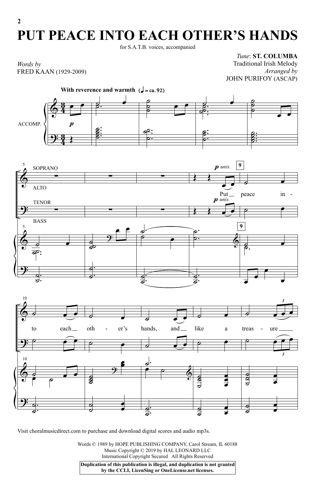 Fred Kaan Put Peace Into Each Other's Hands (arr. John Purifoy) sheet music notes and chords arranged for SATB Choir