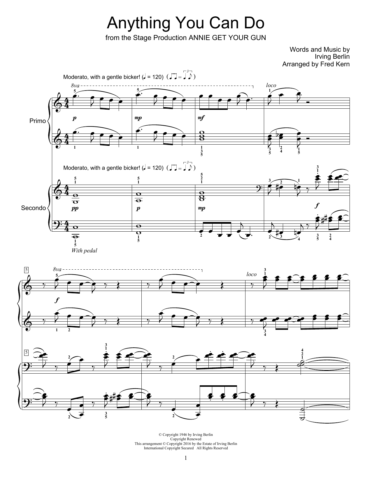 Fred Kern Anything You Can Do sheet music notes and chords arranged for Piano Duet