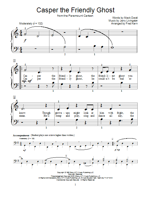 Fred Kern Casper The Friendly Ghost sheet music notes and chords arranged for Educational Piano