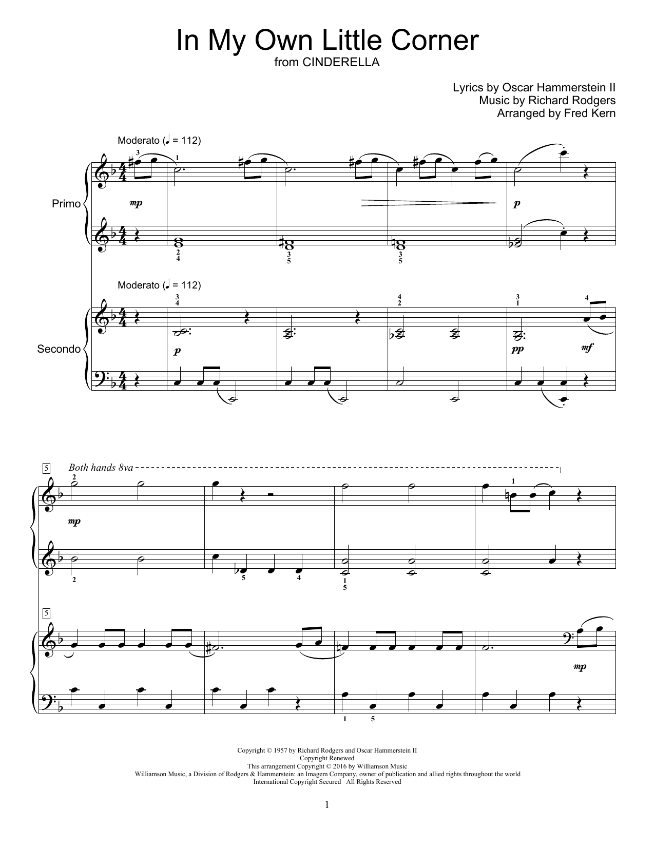 Fred Kern In My Own Little Corner (from Cinderella the Musical) sheet music notes and chords arranged for Piano Duet