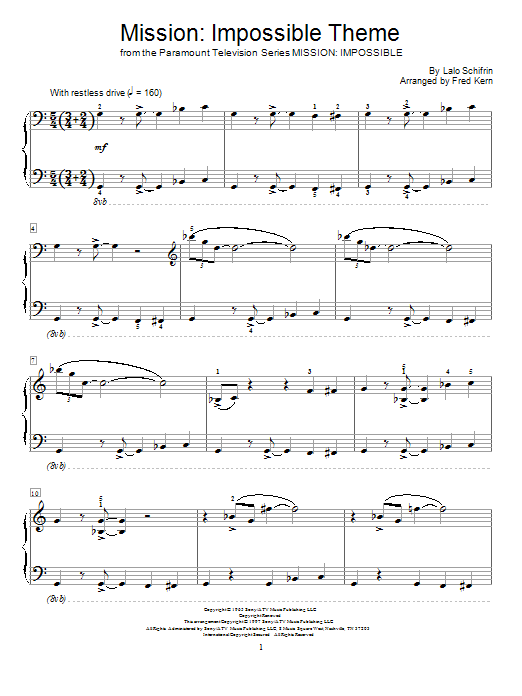 Fred Kern Mission: Impossible Theme sheet music notes and chords arranged for Educational Piano