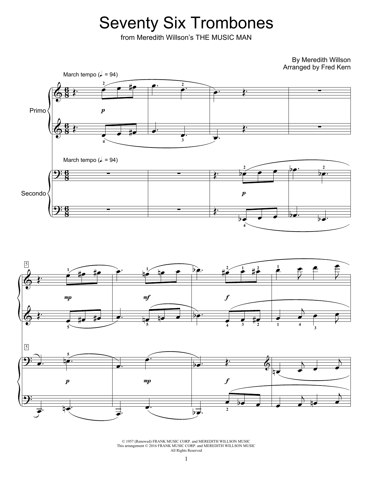 Fred Kern Seventy Six Trombones sheet music notes and chords arranged for Piano Duet