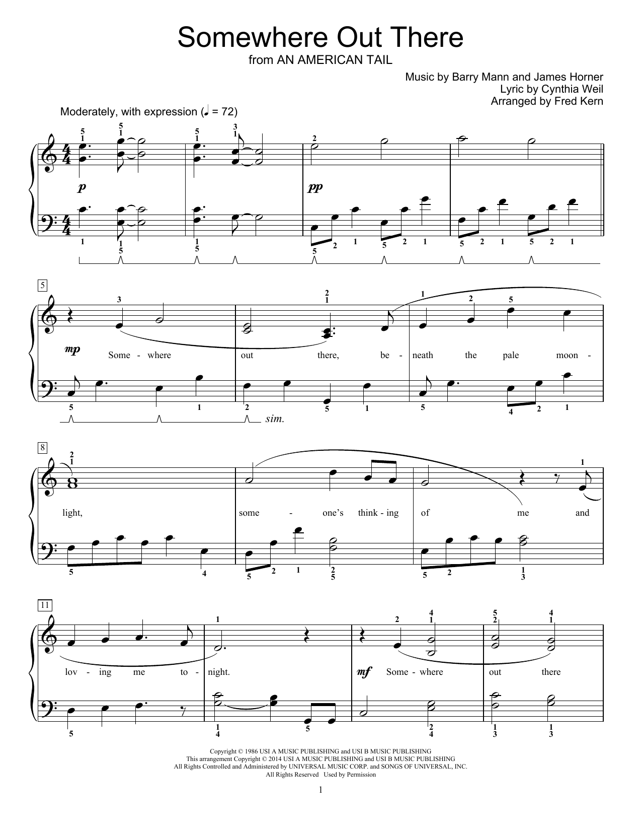 Fred Kern Somewhere Out There sheet music notes and chords arranged for Educational Piano