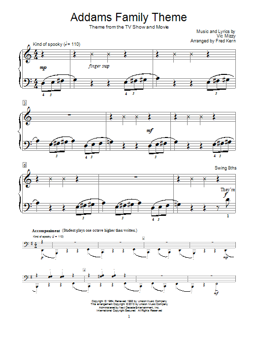 Fred Kern The Addams Family Theme sheet music notes and chords arranged for Educational Piano