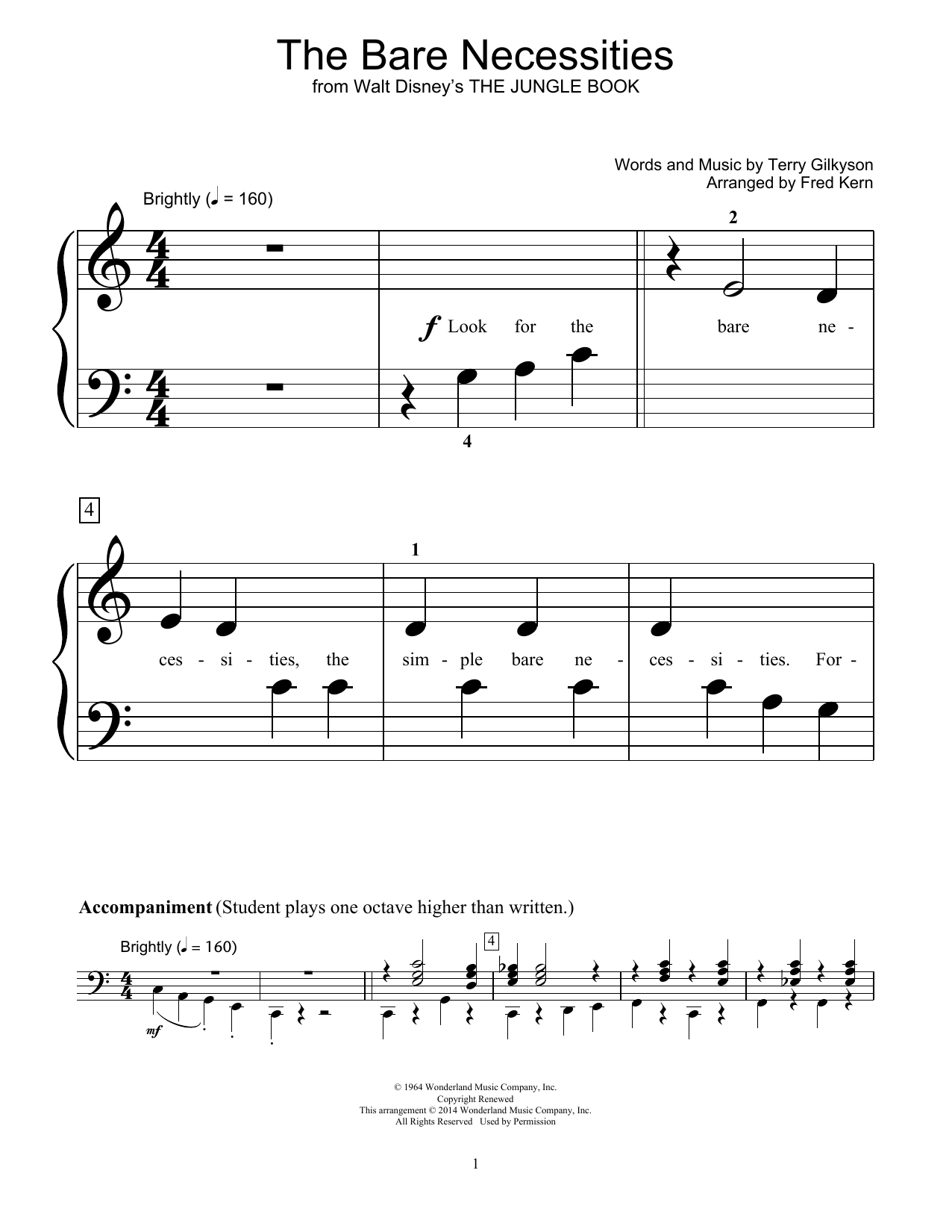 Fred Kern The Bare Necessities sheet music notes and chords arranged for Educational Piano
