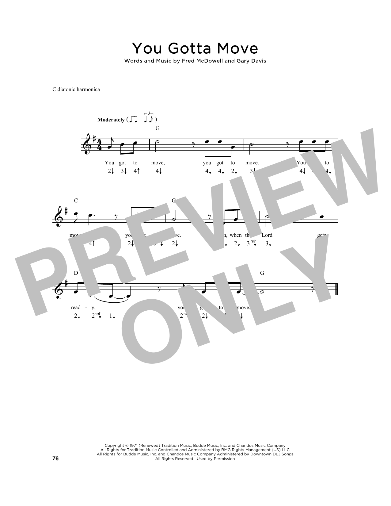 Fred McDowell You Gotta Move sheet music notes and chords arranged for Harmonica