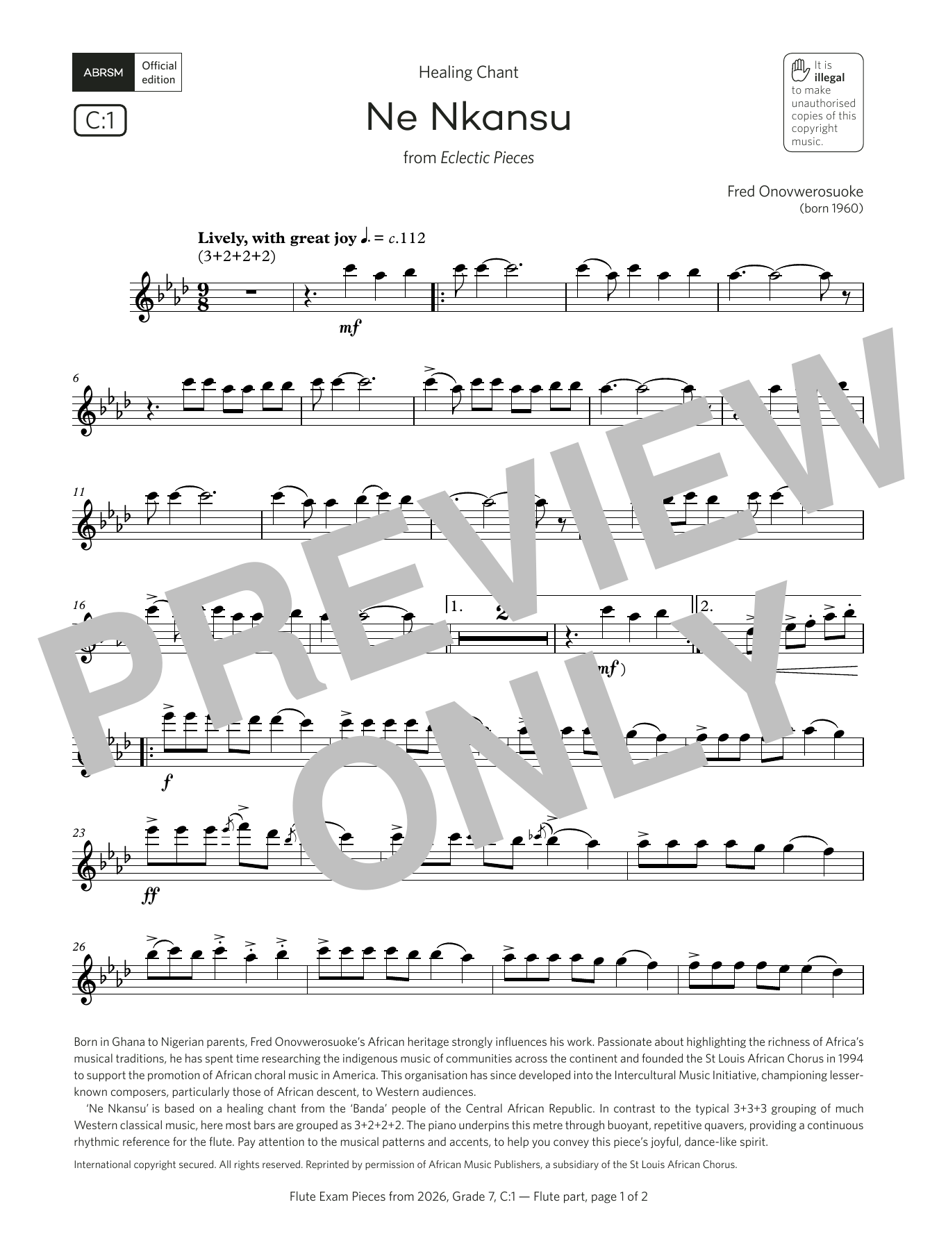 Fred Onovwerosuoke Ne Nkansu (Grade 7, list C1, from the ABRSM Flute Syllabus from 2026) sheet music notes and chords arranged for Flute Solo