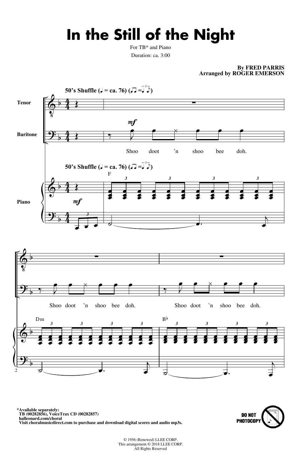 Fred Parris In The Still Of The Night (arr. Roger Emerson) sheet music notes and chords arranged for TB Choir