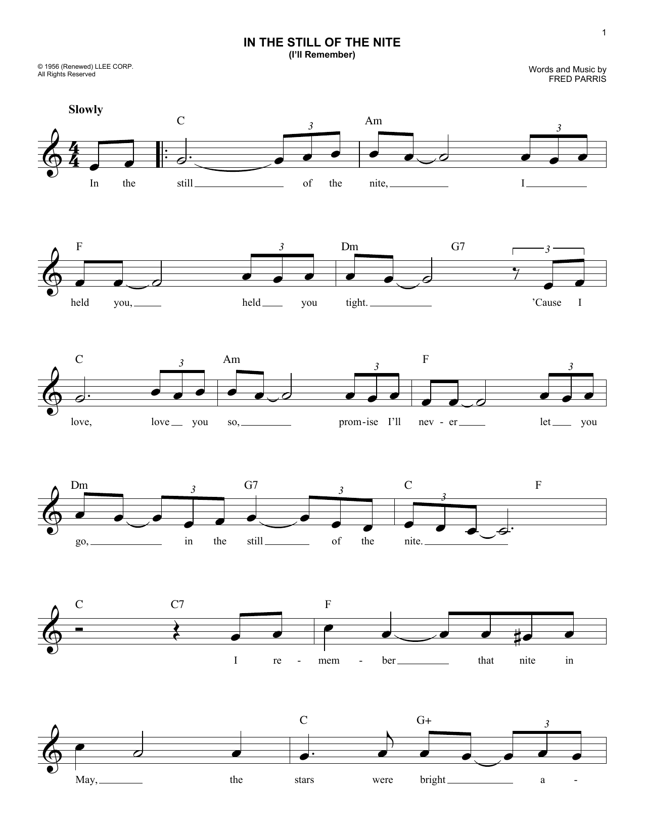 Fred Parris In The Still Of The Nite (I'll Remember) sheet music notes and chords arranged for Lead Sheet / Fake Book