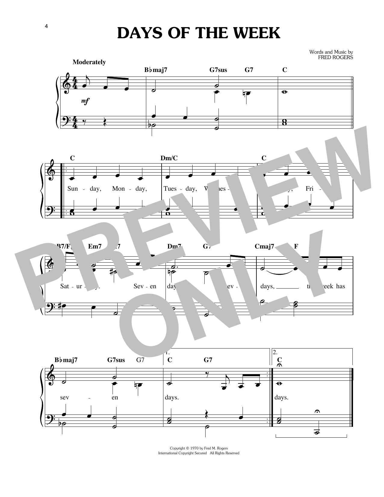 Fred Rogers Days Of The Week sheet music notes and chords arranged for Easy Piano
