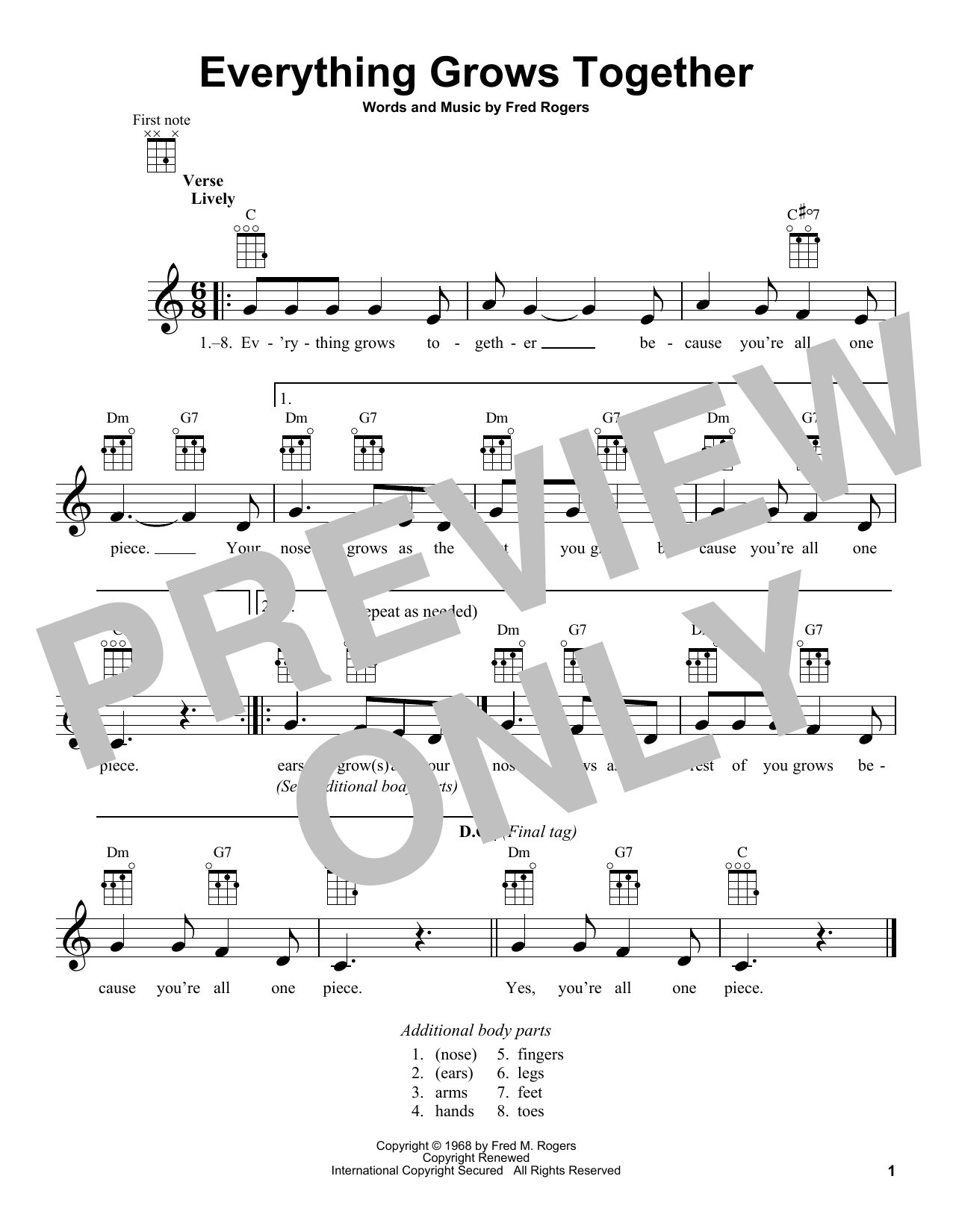 Fred Rogers Everything Grows Together (from Mister Rogers' Neighborhood) sheet music notes and chords arranged for Ukulele