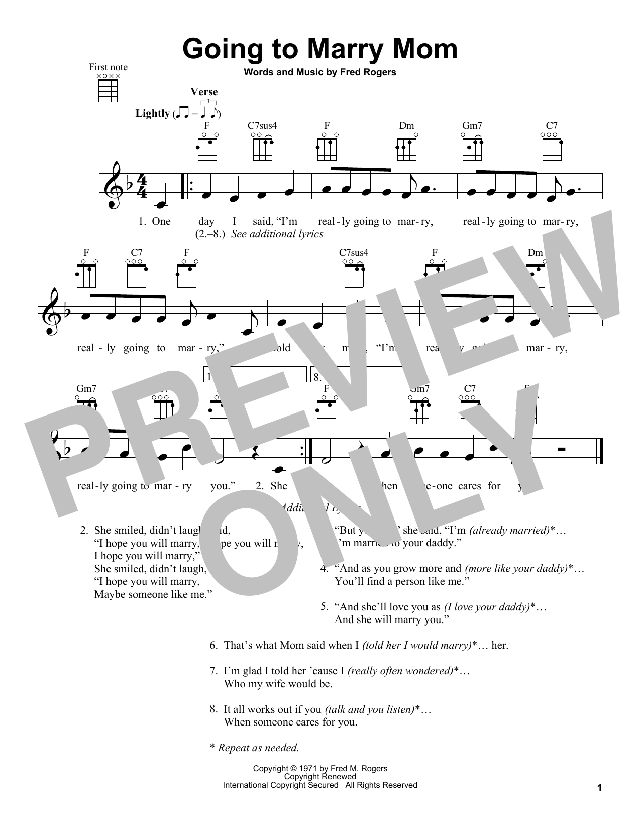 Fred Rogers Going To Marry Mom (from Mister Rogers' Neighborhood) sheet music notes and chords arranged for Ukulele
