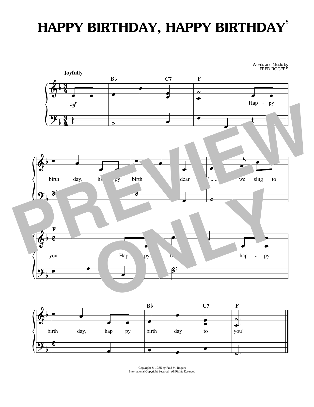 Fred Rogers Happy Birthday, Happy Birthday sheet music notes and chords arranged for Easy Piano
