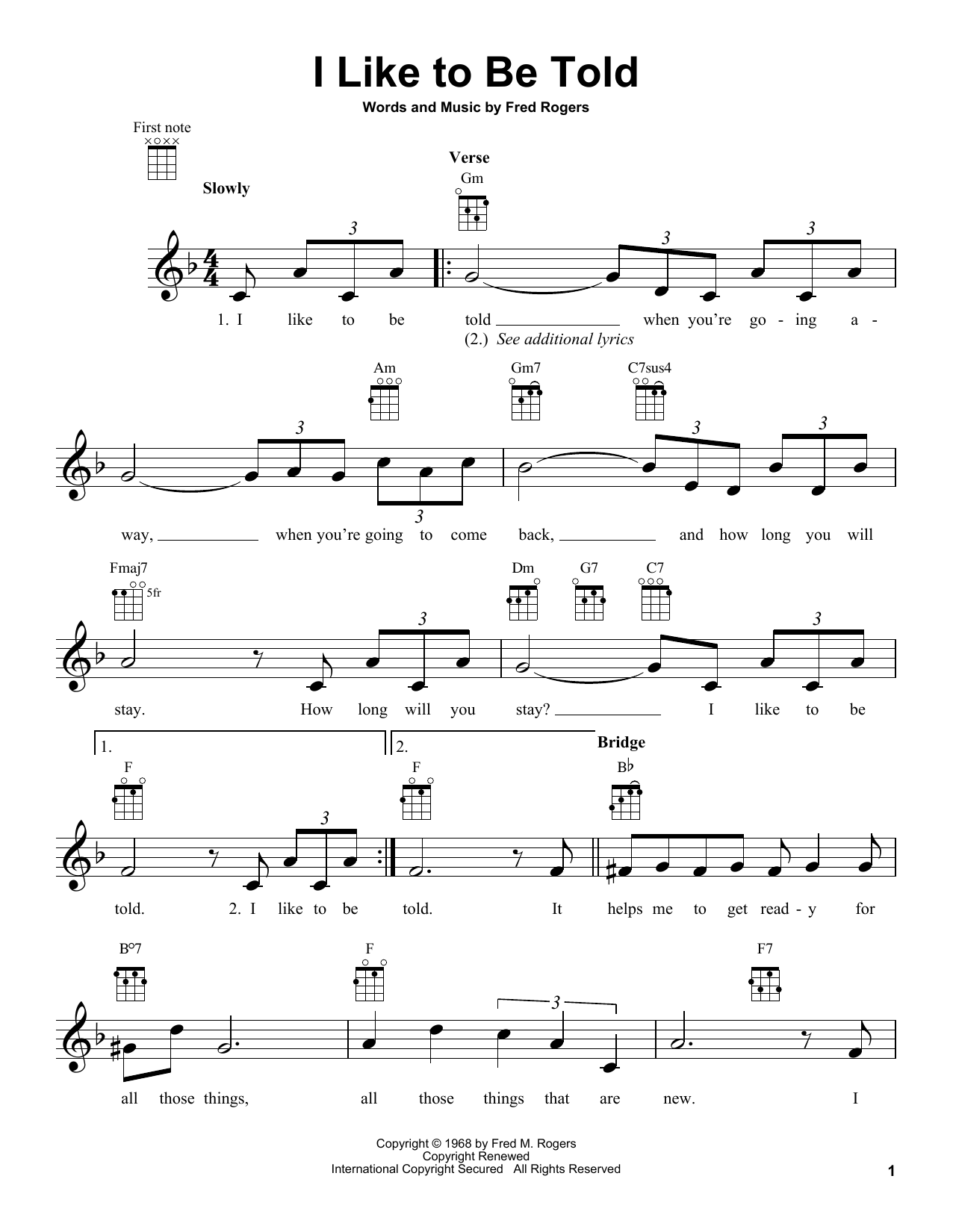 Fred Rogers I Like To Be Told (from Mister Rogers' Neighborhood) sheet music notes and chords arranged for Ukulele