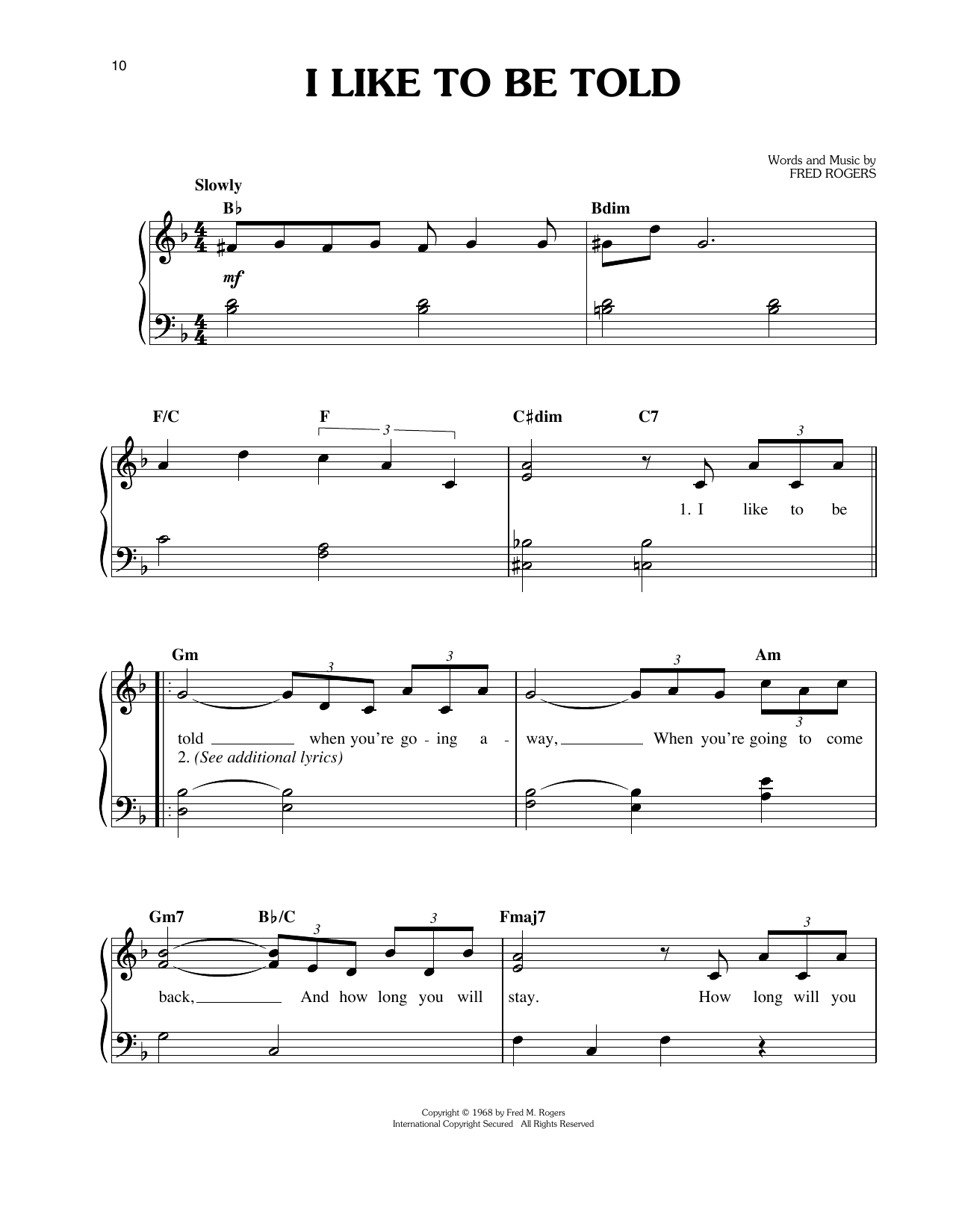 Fred Rogers I Like To Be Told sheet music notes and chords arranged for Easy Piano