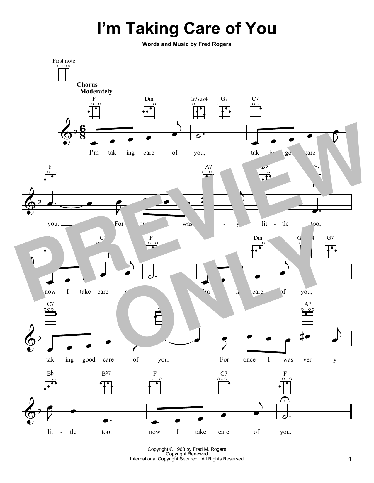 Fred Rogers I'm Taking Care Of You (from Mister Rogers' Neighborhood) sheet music notes and chords arranged for Ukulele
