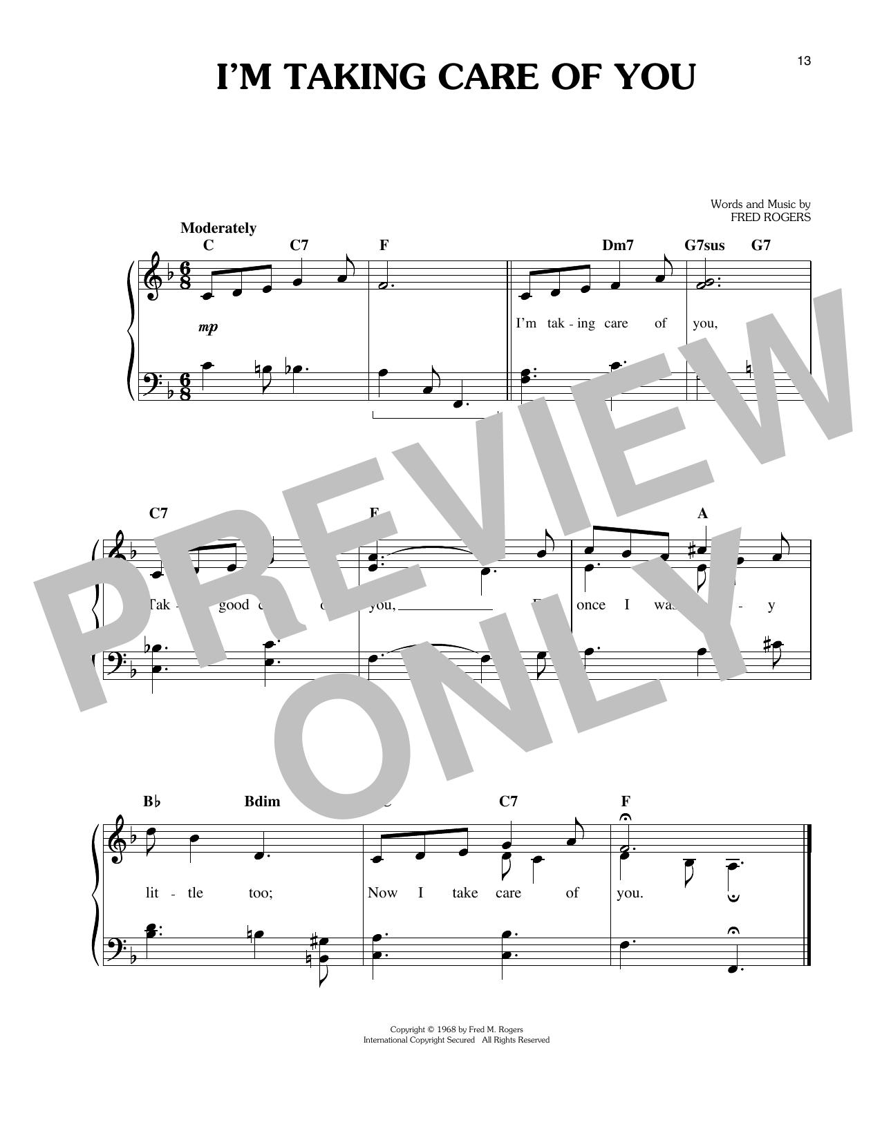 Fred Rogers I'm Taking Care Of You sheet music notes and chords arranged for Easy Piano