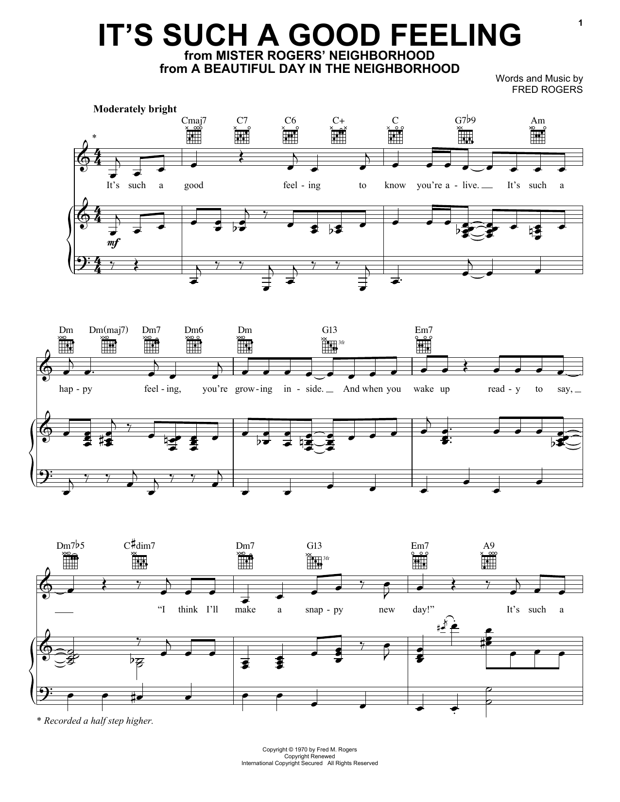 Fred Rogers It's Such A Good Feeling (from A Beautiful Day in the Neighborhood) sheet music notes and chords arranged for Piano, Vocal & Guitar Chords (Right-Hand Melody)