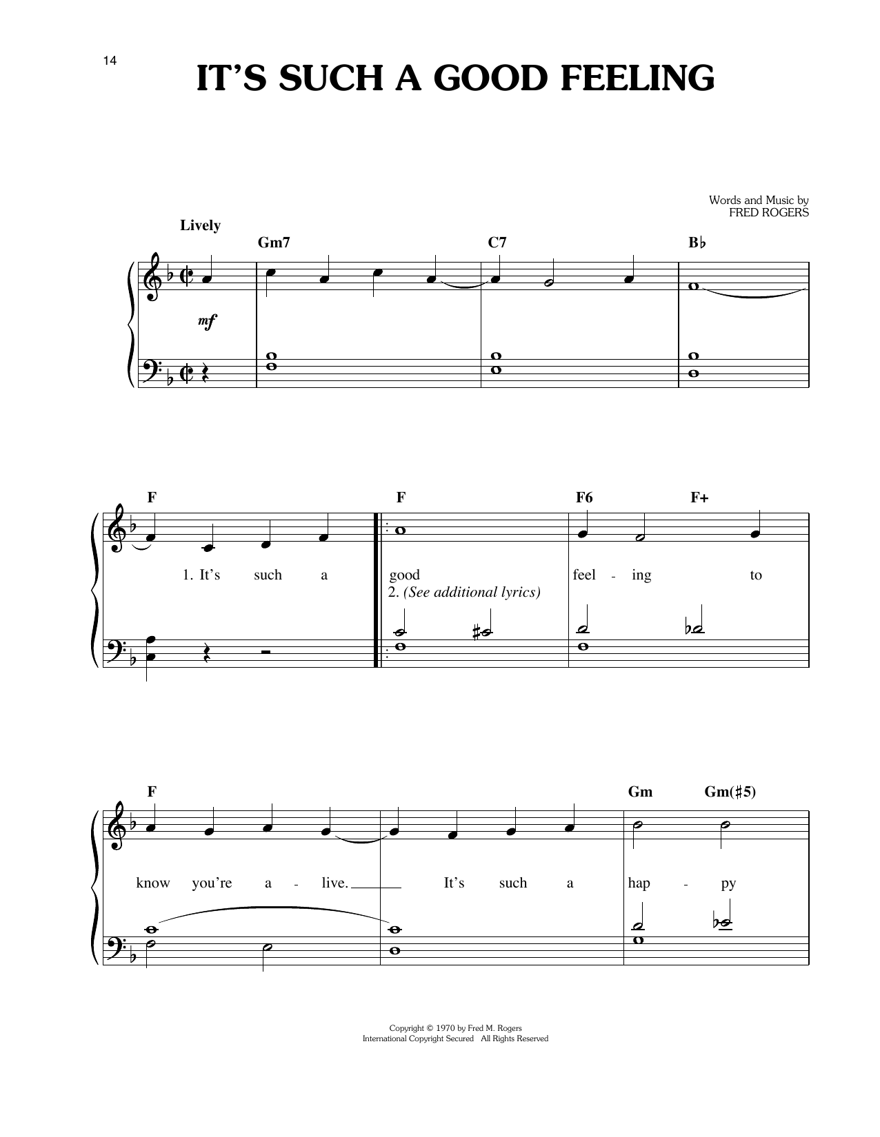 Fred Rogers It's Such A Good Feeling sheet music notes and chords arranged for Easy Piano