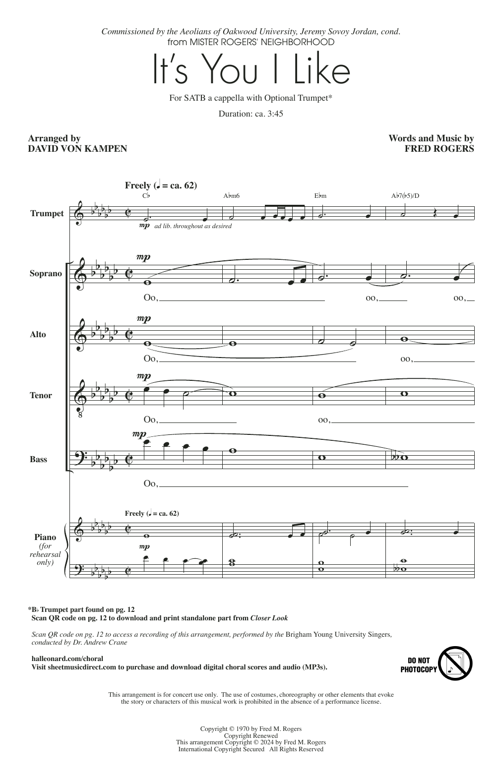 Fred Rogers It's You I Like (arr. David von Kampen) sheet music notes and chords arranged for SATB Choir