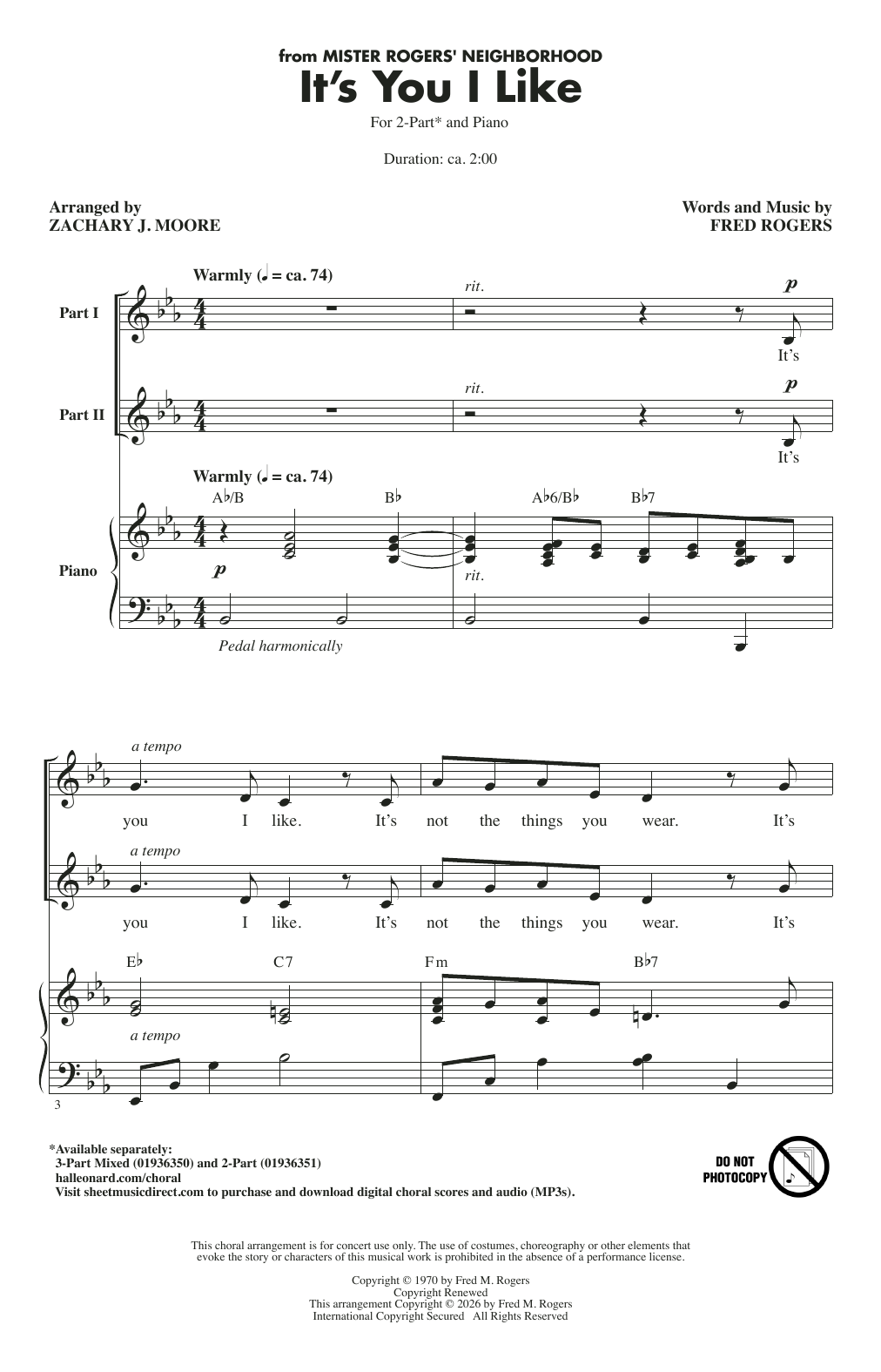 Fred Rogers It's You I Like (arr. Zachary J. Moore) sheet music notes and chords arranged for 2-Part Choir