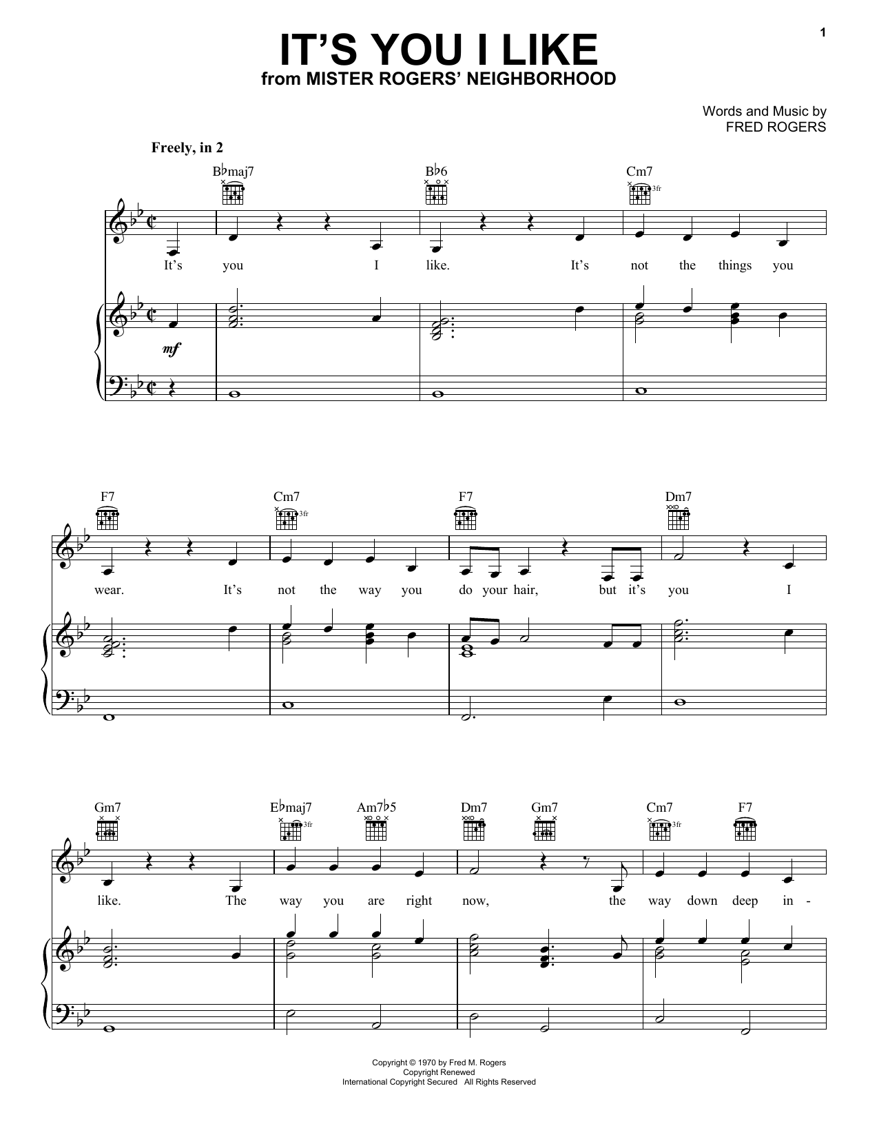 Fred Rogers It's You I Like sheet music notes and chords arranged for Piano, Vocal & Guitar Chords (Right-Hand Melody)