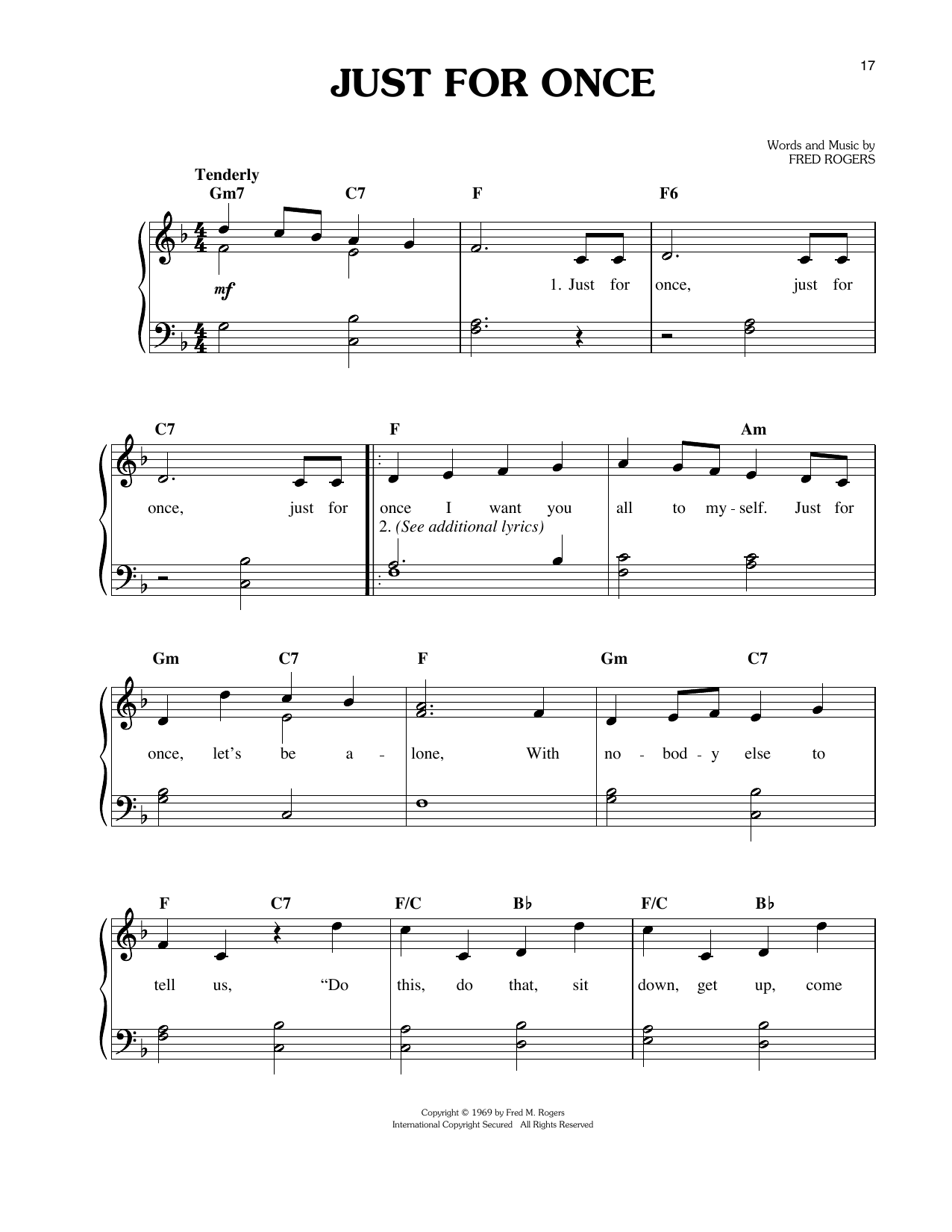 Fred Rogers Just For Once sheet music notes and chords arranged for Easy Piano