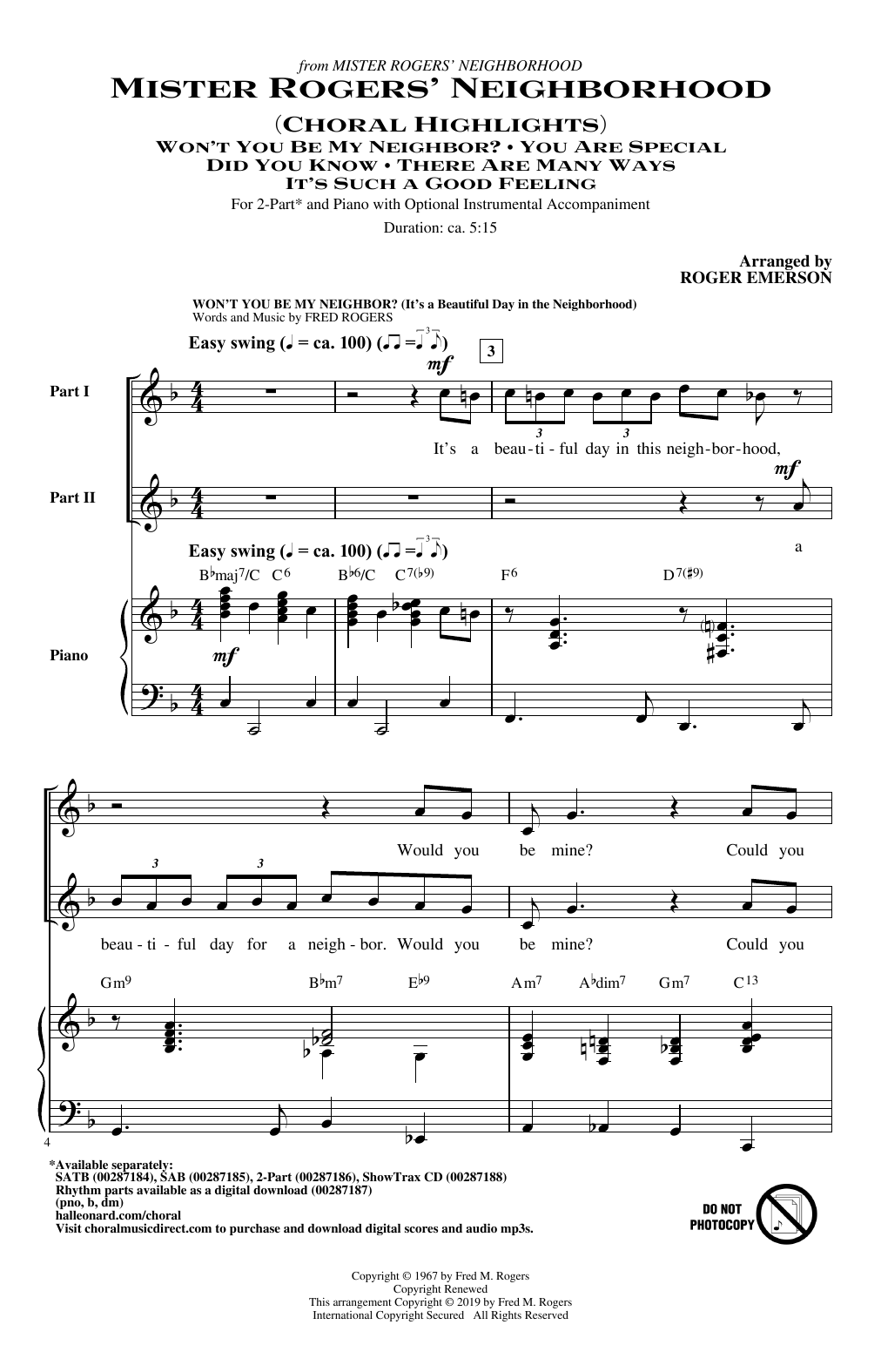 Fred Rogers Mister Rogers' Neighborhood (Choral Highlights) (arr. Roger Emerson) sheet music notes and chords arranged for 2-Part Choir