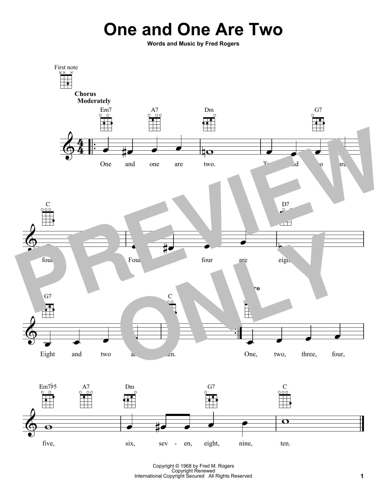 Fred Rogers One And One Are Two (from Mister Rogers' Neighborhood) sheet music notes and chords arranged for Ukulele