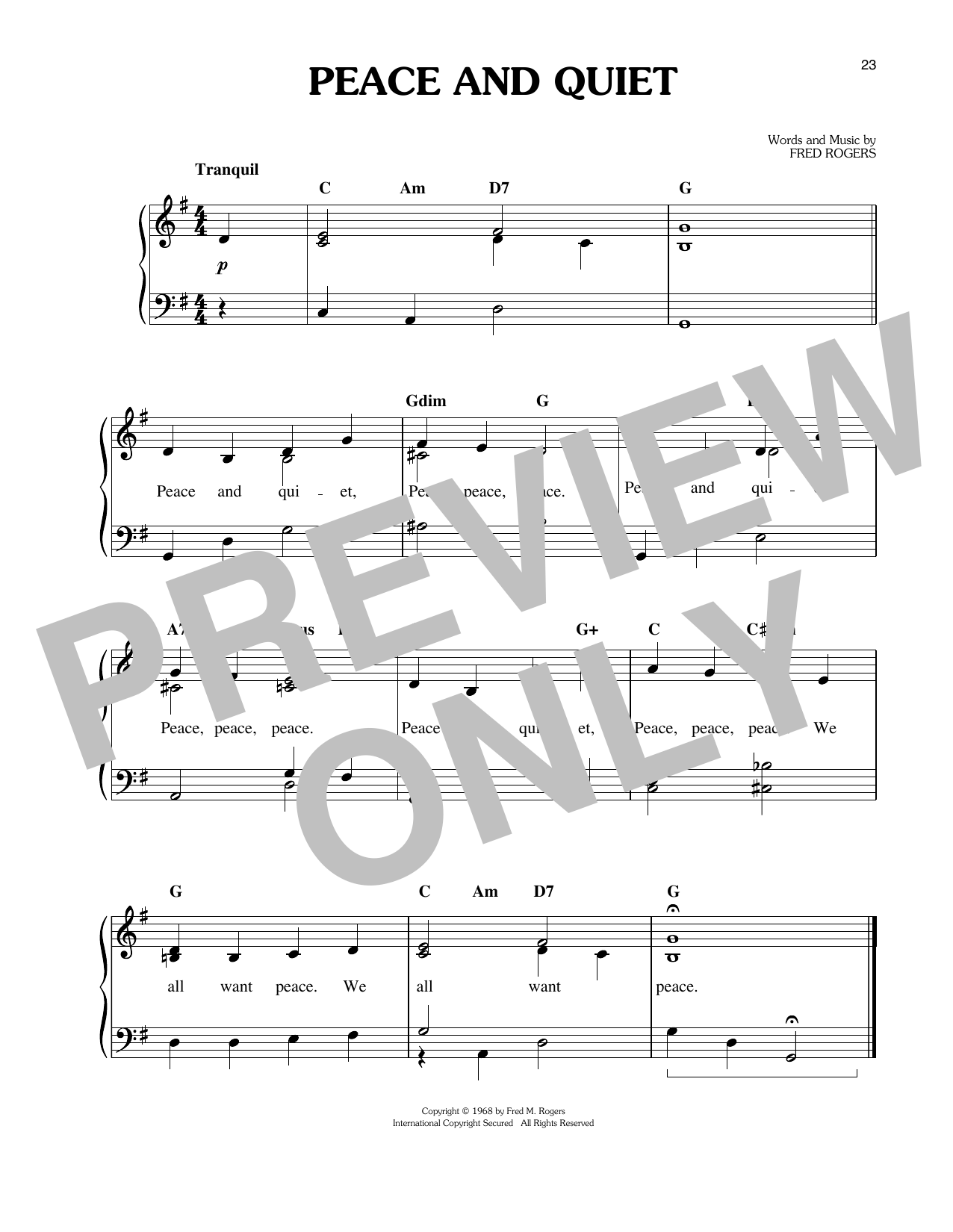 Fred Rogers Peace And Quiet sheet music notes and chords arranged for Easy Piano