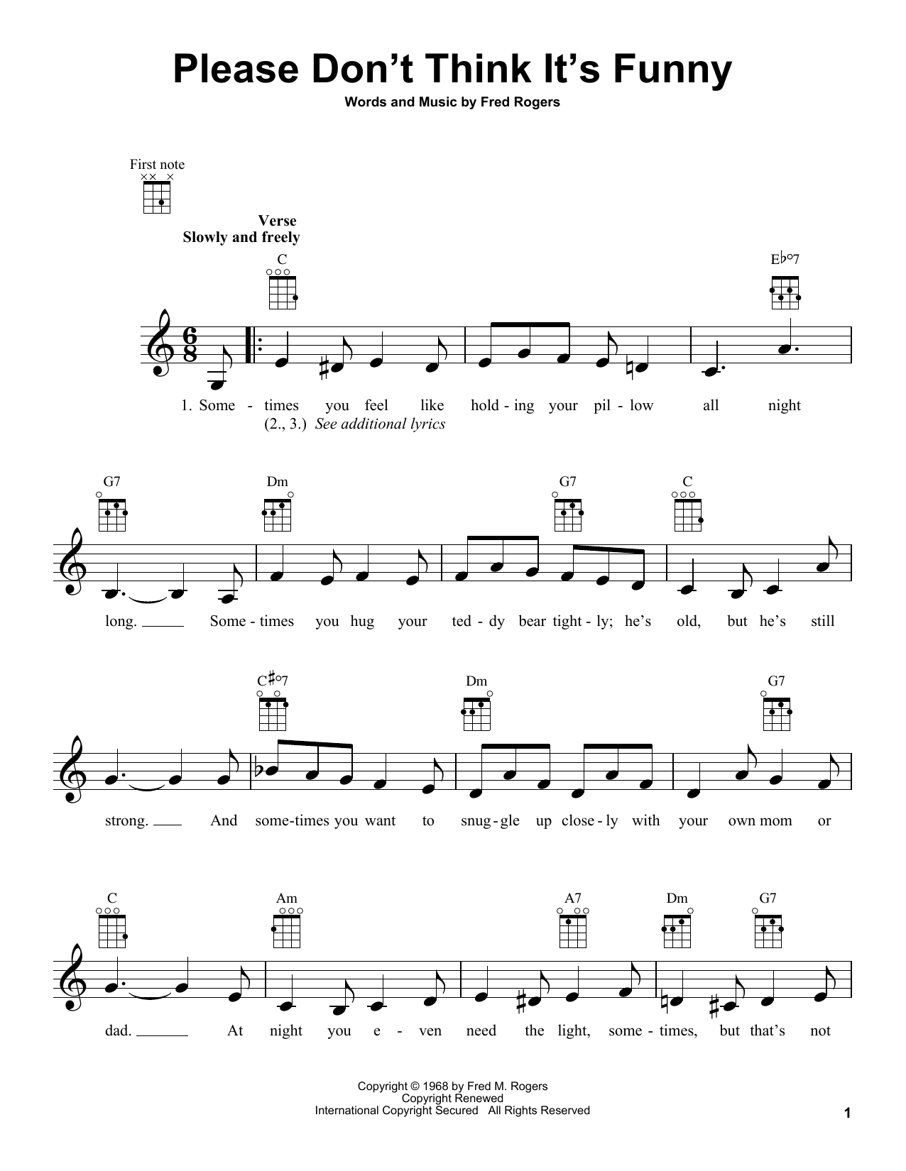 Fred Rogers Please Don't Think It's Funny (from Mister Rogers' Neighborhood) sheet music notes and chords arranged for Ukulele