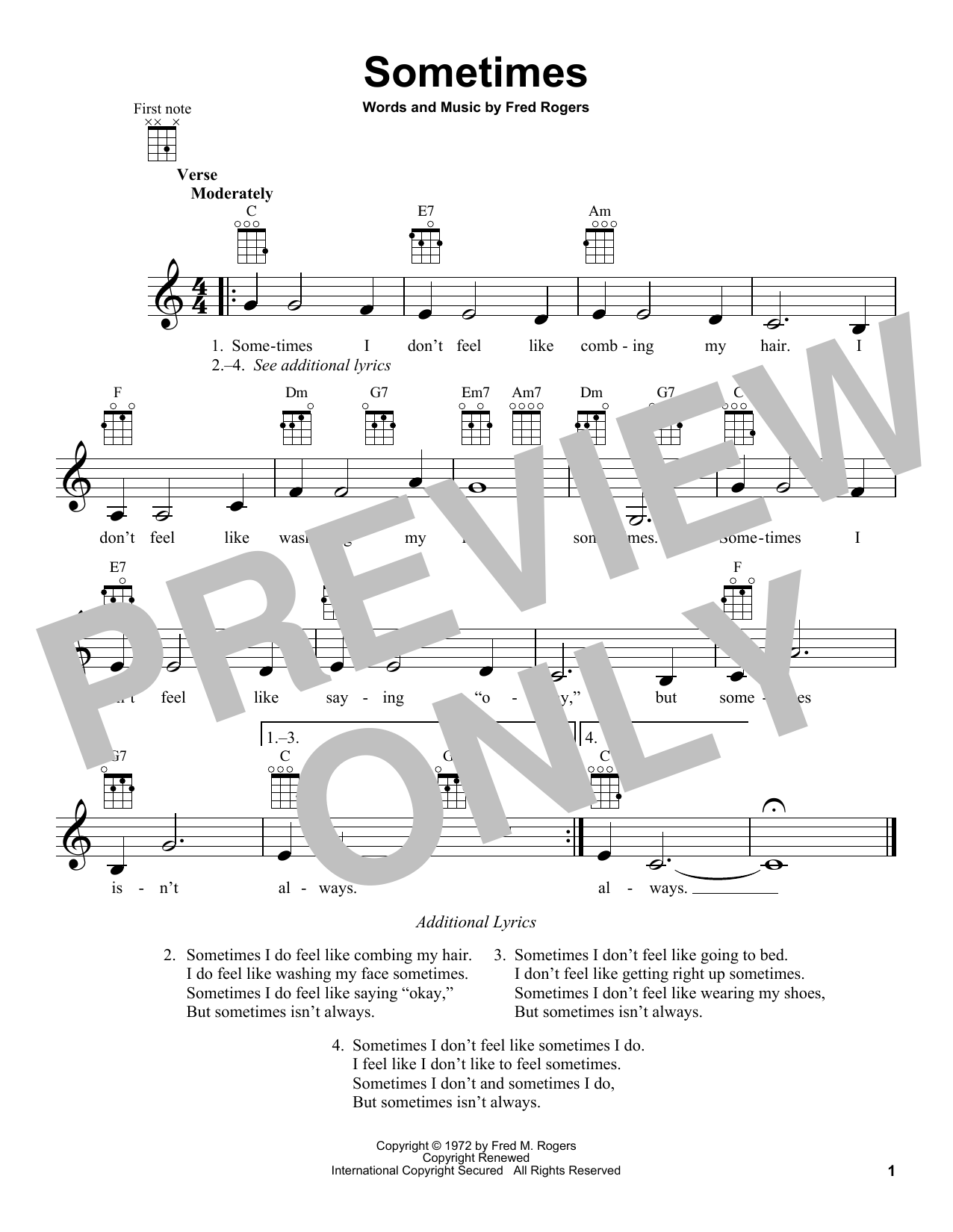 Fred Rogers Sometimes (from Mister Rogers' Neighborhood) sheet music notes and chords arranged for Ukulele