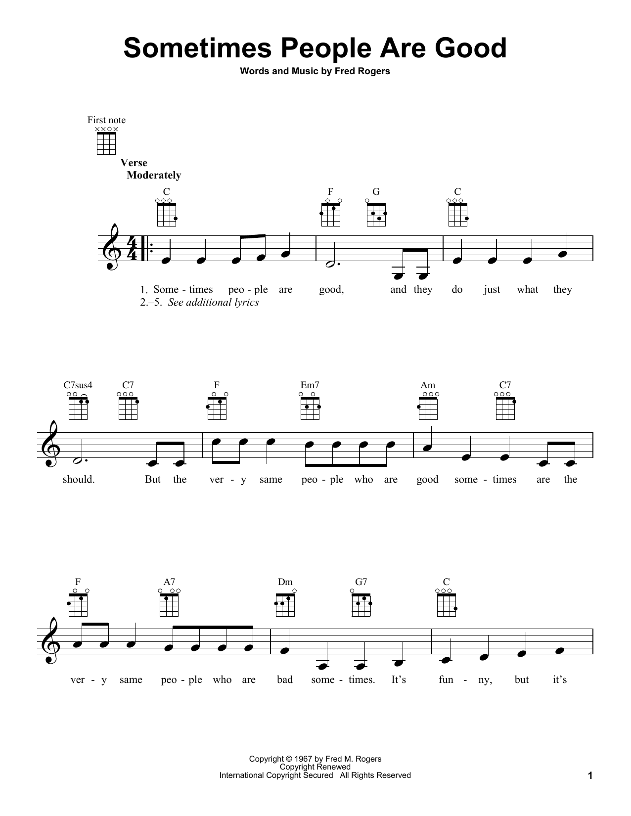 Fred Rogers Sometimes People Are Good (from Mister Rogers' Neighborhood) sheet music notes and chords arranged for Ukulele