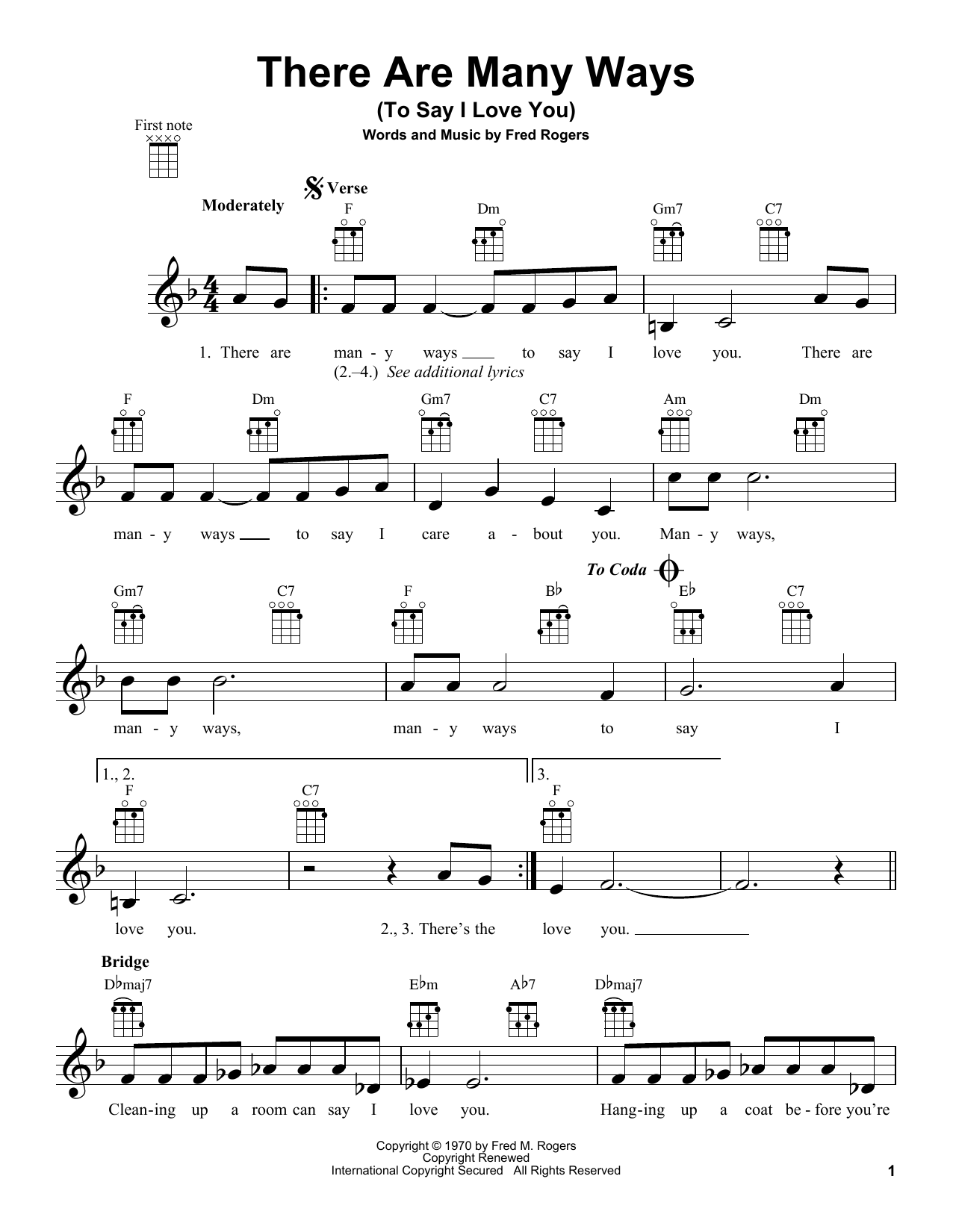 Fred Rogers There Are Many Ways (To Say I Love You) (from Mister Rogers' Neighborhood) sheet music notes and chords arranged for Ukulele