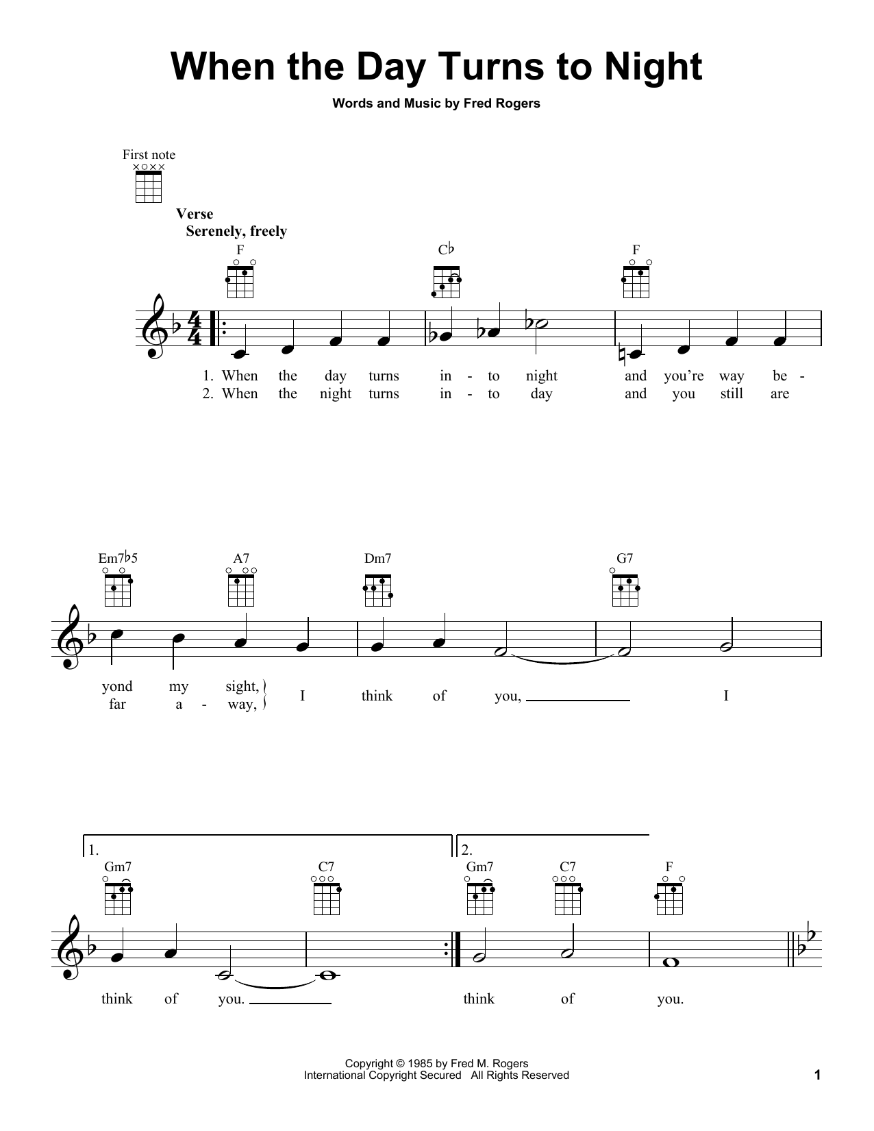 Fred Rogers When The Day Turns To Night (from Mister Rogers' Neighborhood) sheet music notes and chords arranged for Ukulele