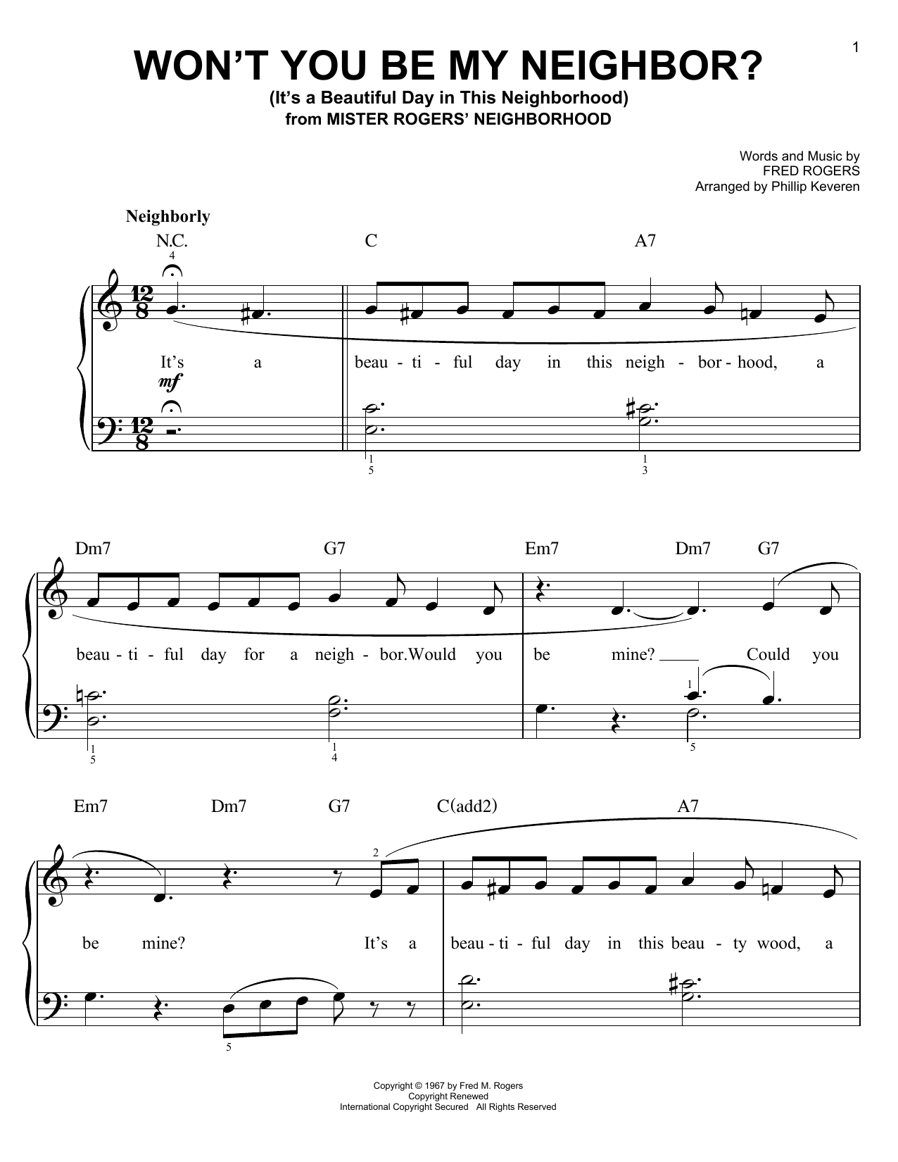 Fred Rogers Won't You Be My Neighbor? (It's A Beautiful Day In The Neighborhood) (arr. Phillip Keveren) sheet music notes and chords arranged for Easy Piano