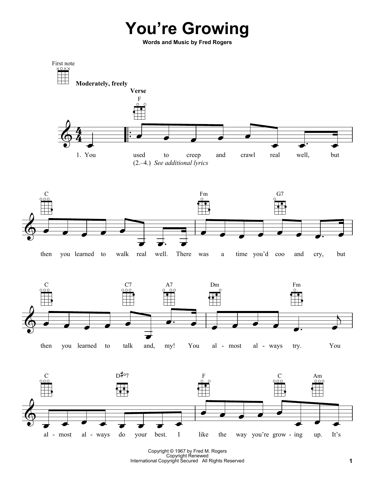 Fred Rogers You're Growing (from Mister Rogers' Neighborhood) sheet music notes and chords arranged for Ukulele
