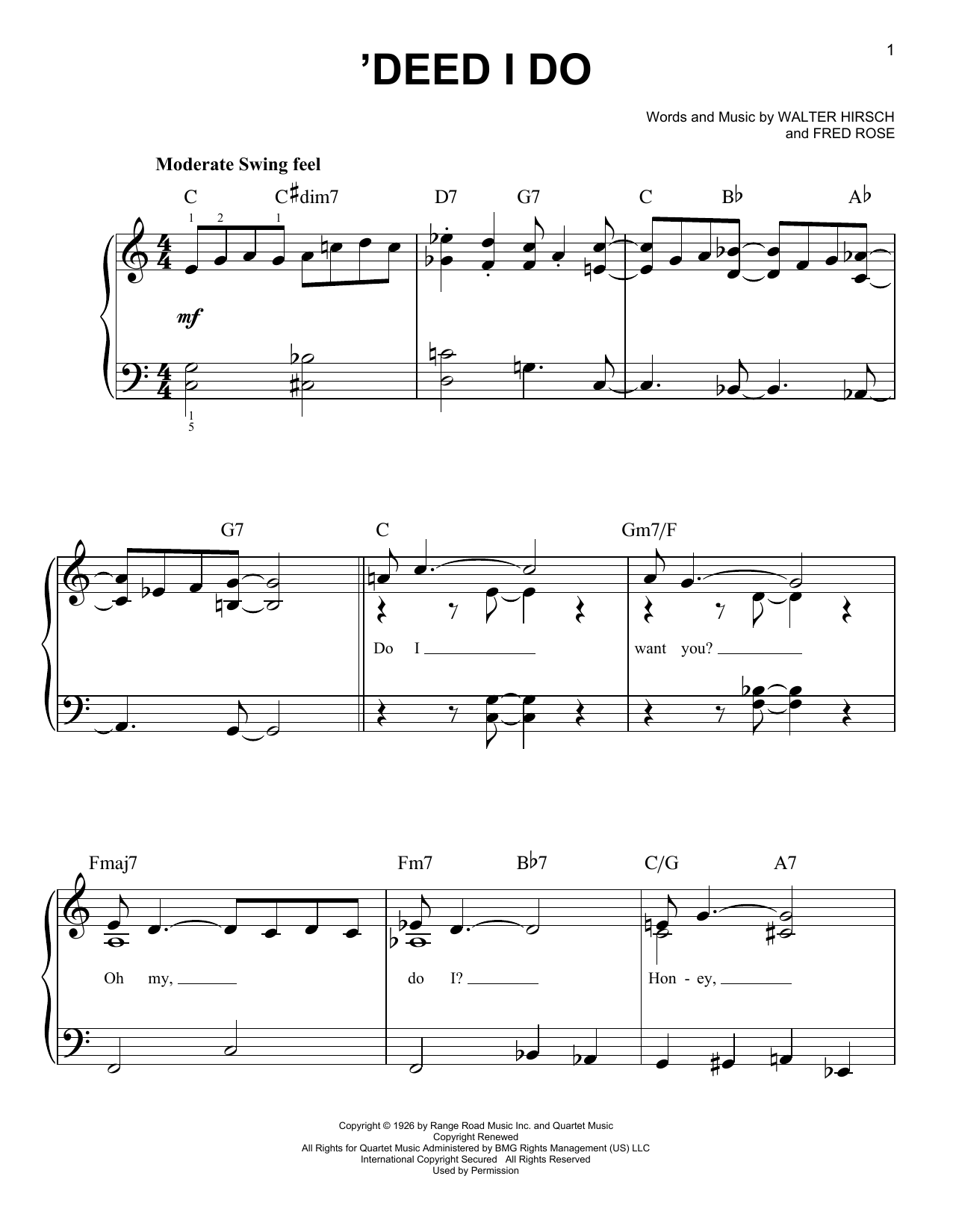 Fred Rose 'Deed I Do sheet music notes and chords arranged for Easy Piano