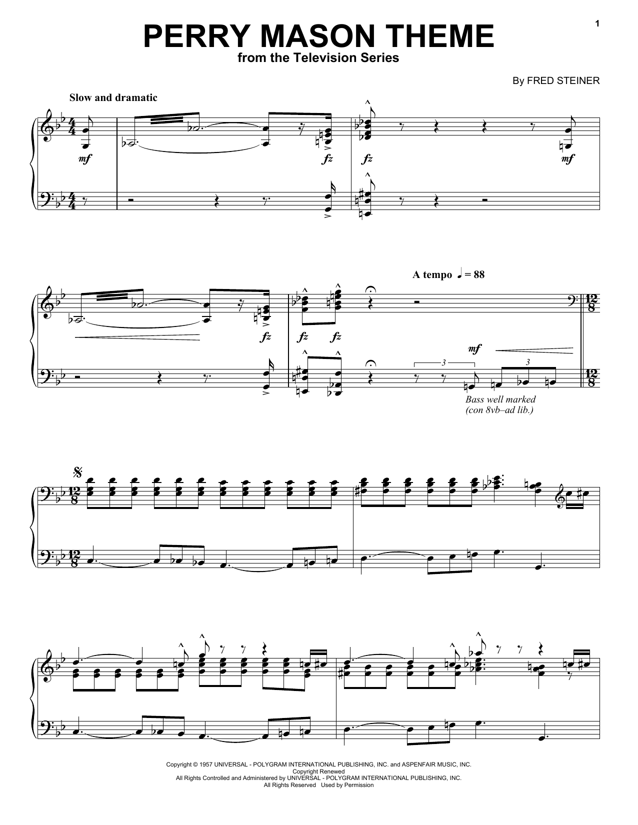 Fred Steiner Perry Mason Theme sheet music notes and chords arranged for Piano Solo