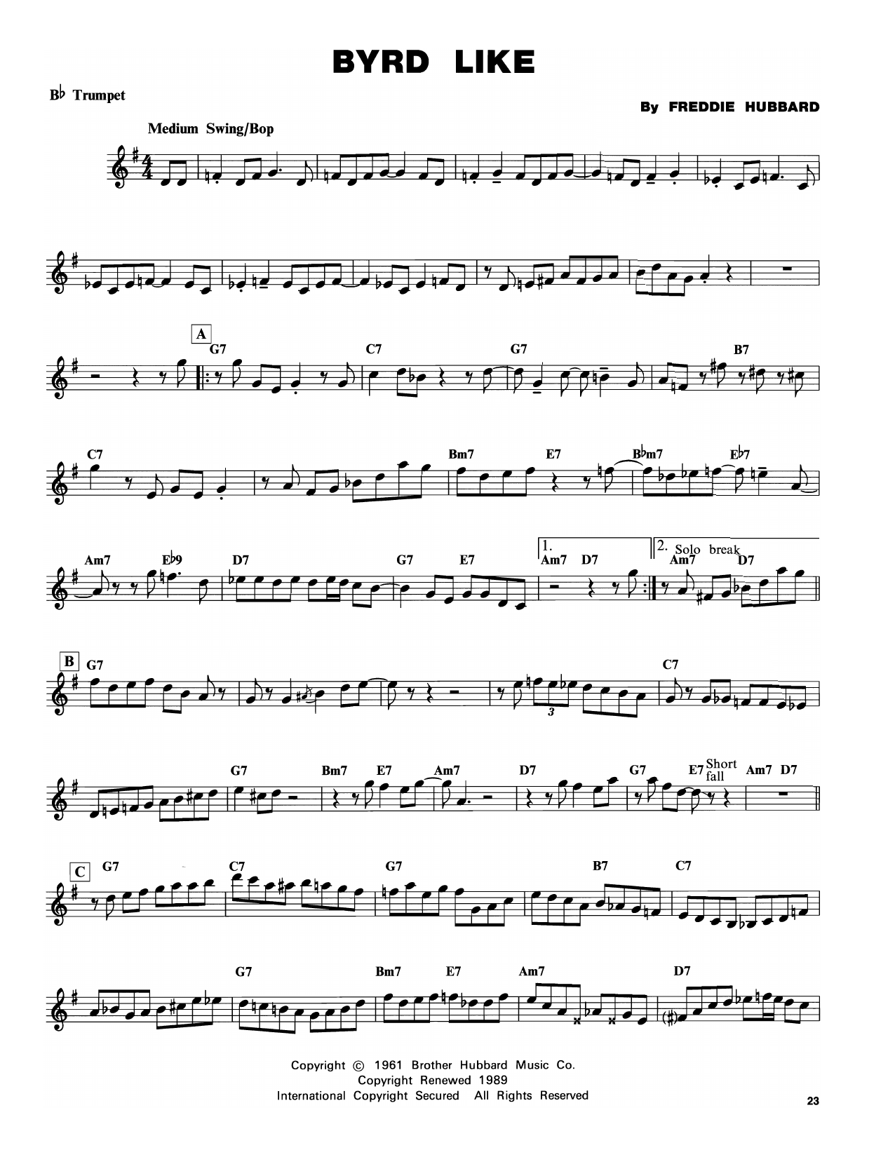 Freddie Hubbard Birdlike sheet music notes and chords arranged for Trumpet Transcription