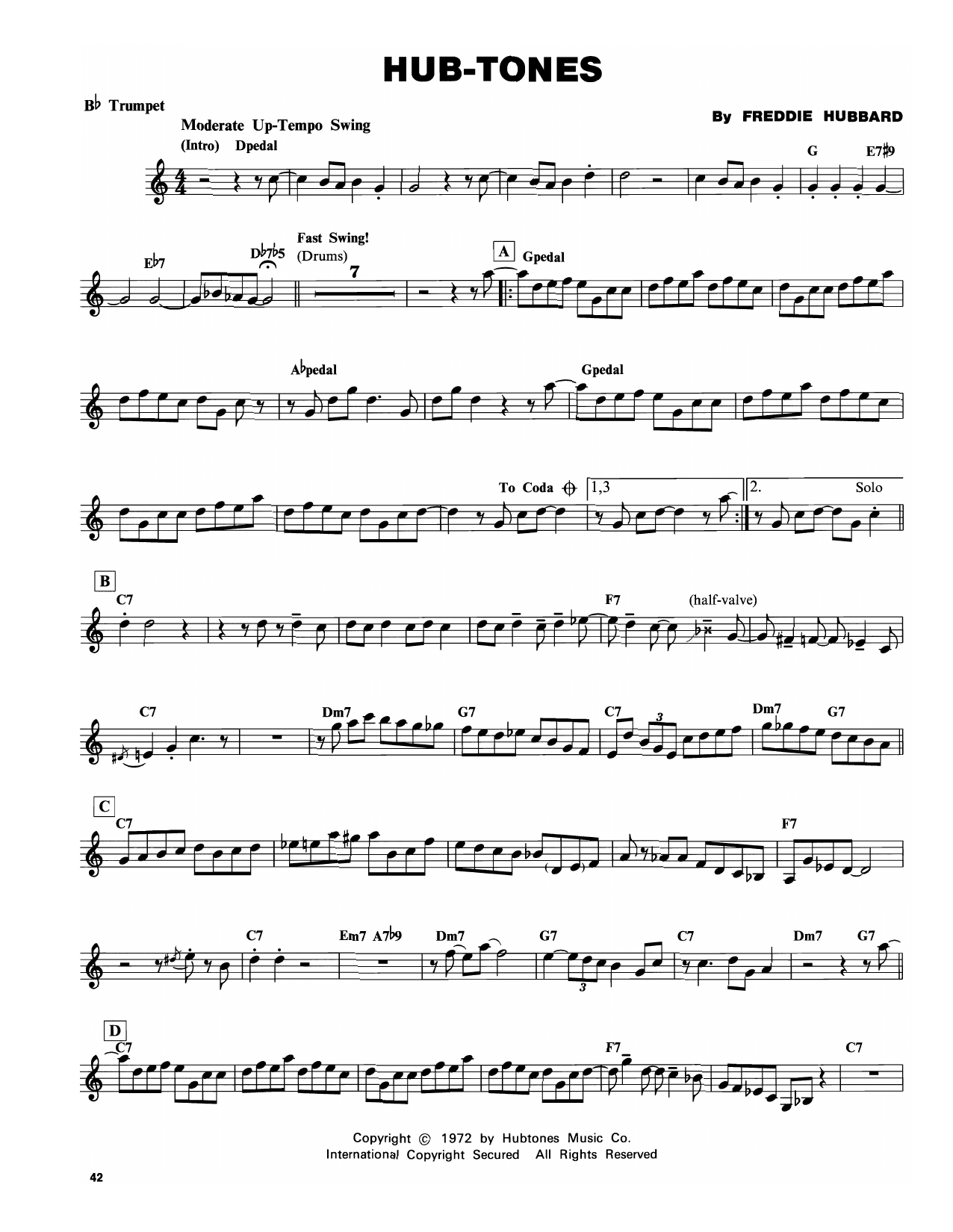 Freddie Hubbard Hub-Tones sheet music notes and chords arranged for Trumpet Transcription