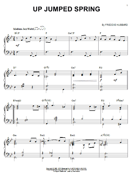 Freddie Hubbard Up Jumped Spring (arr. Brent Edstrom) sheet music notes and chords arranged for Piano Solo