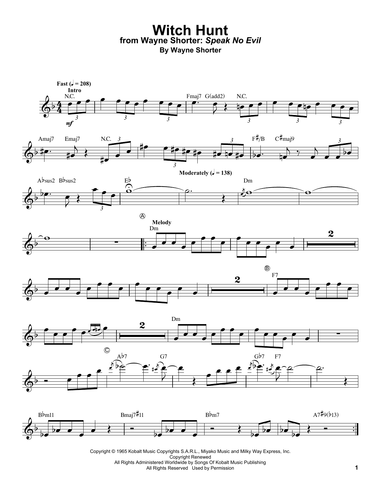 Freddie Hubbard Witch Hunt sheet music notes and chords arranged for Trumpet Transcription
