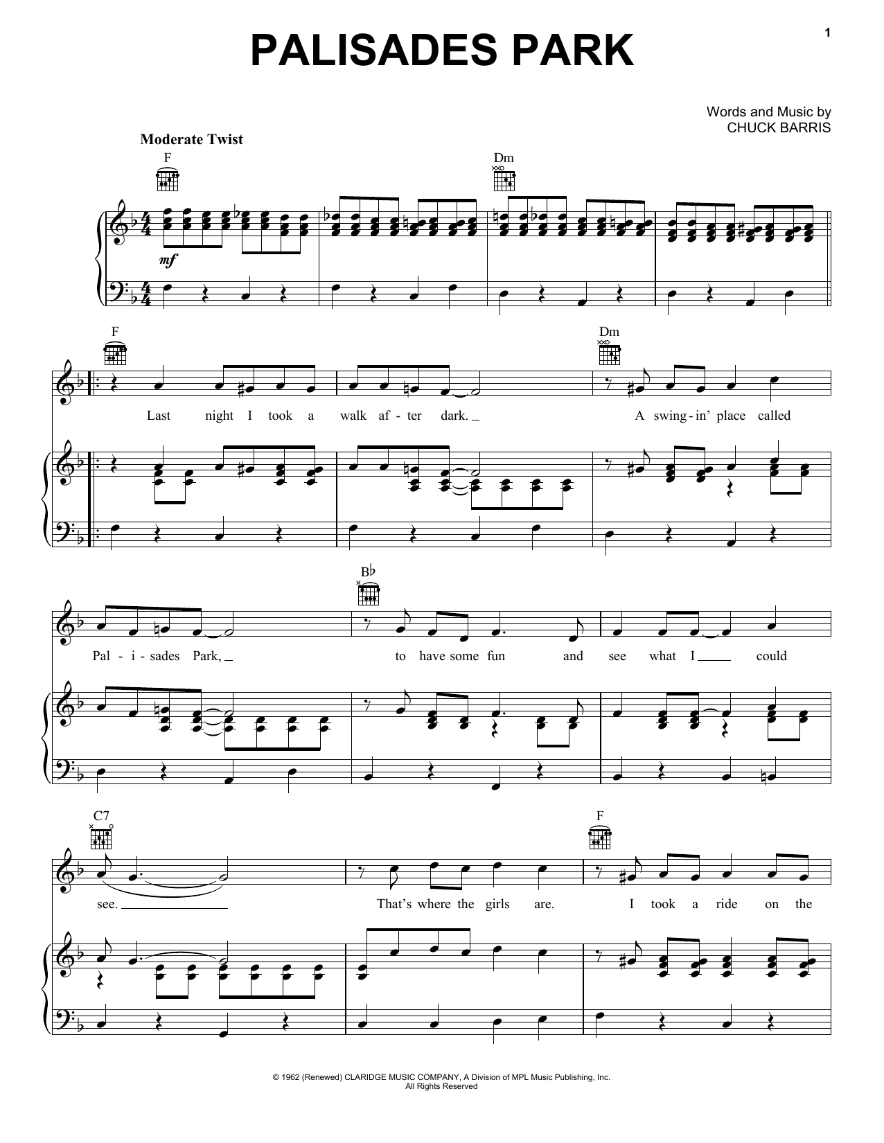 Freddy Cannon Palisades Park sheet music notes and chords arranged for Piano, Vocal & Guitar Chords (Right-Hand Melody)