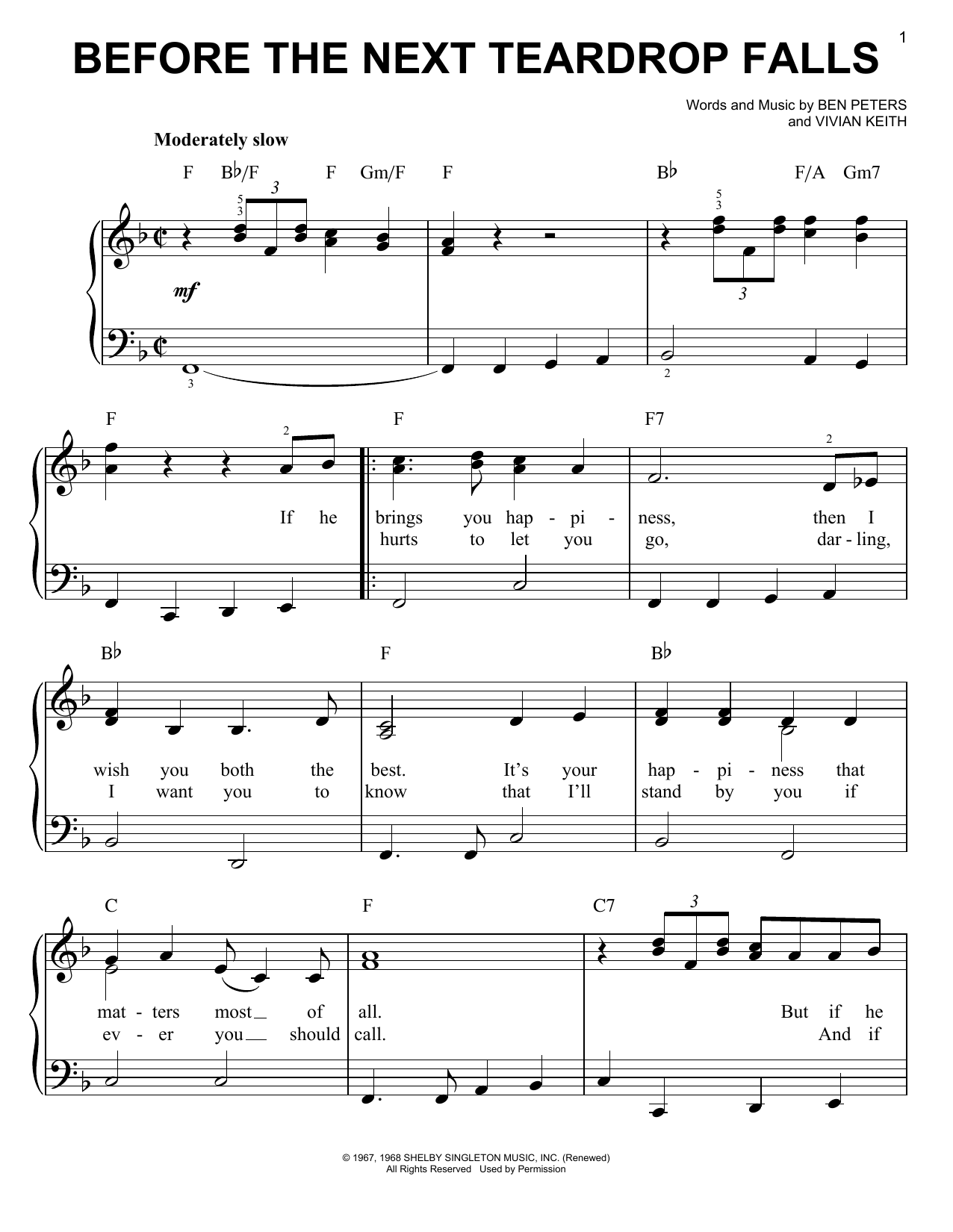 Freddy Fender Before The Next Teardrop Falls sheet music notes and chords arranged for Piano, Vocal & Guitar Chords (Right-Hand Melody)