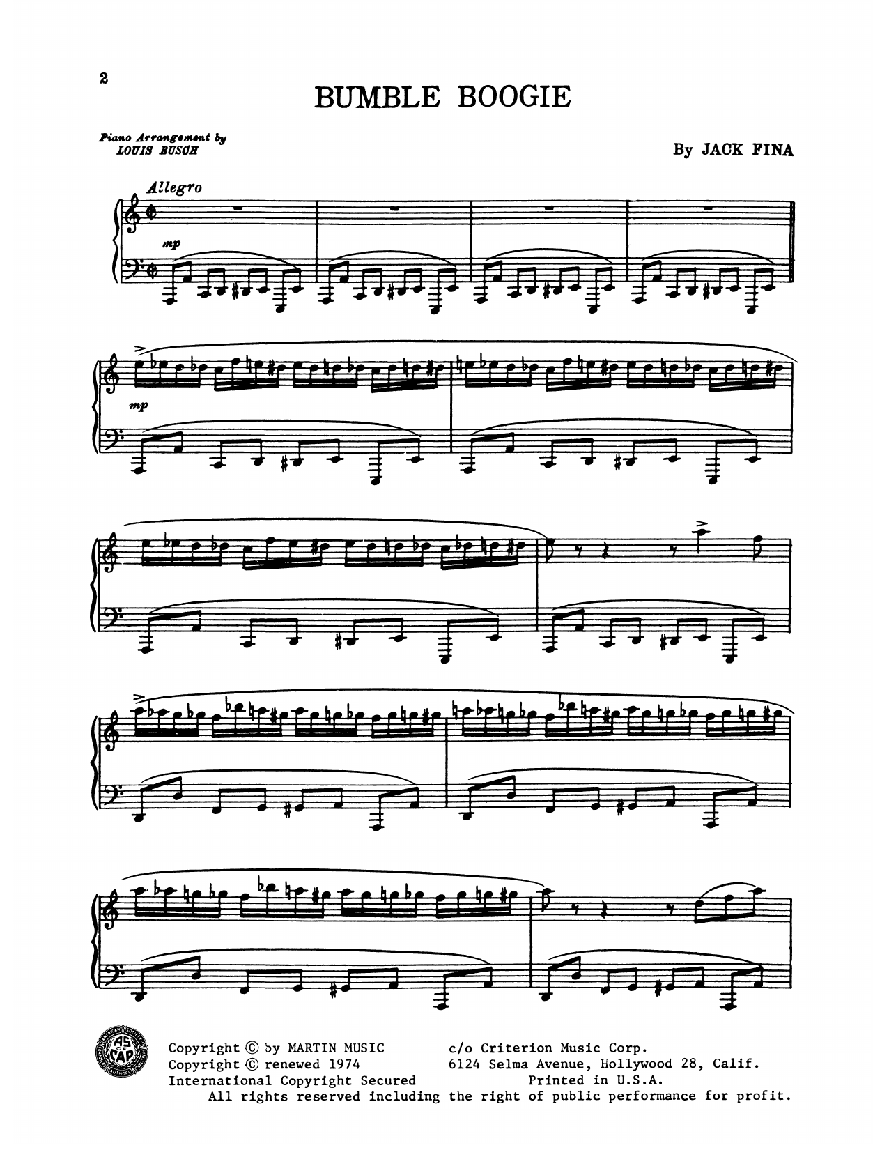 Freddy Martin and His Orchestra Bumble Boogie sheet music notes and chords arranged for Piano Solo