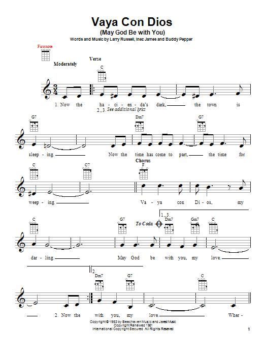 Freddy Fender Vaya Con Dios (May God Be With You) sheet music notes and chords arranged for Ukulele